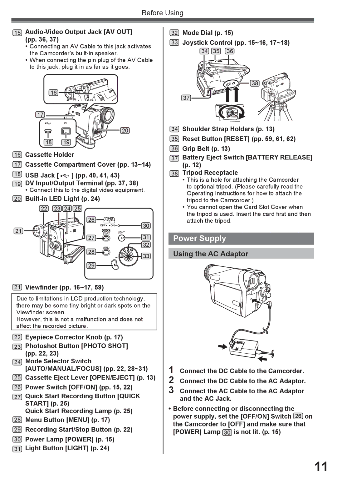 Panasonic PV-GS34PKG Power Supply, Using the AC Adaptor, Audio-Video Output Jack AV OUT pp, Built-in LED Light p 