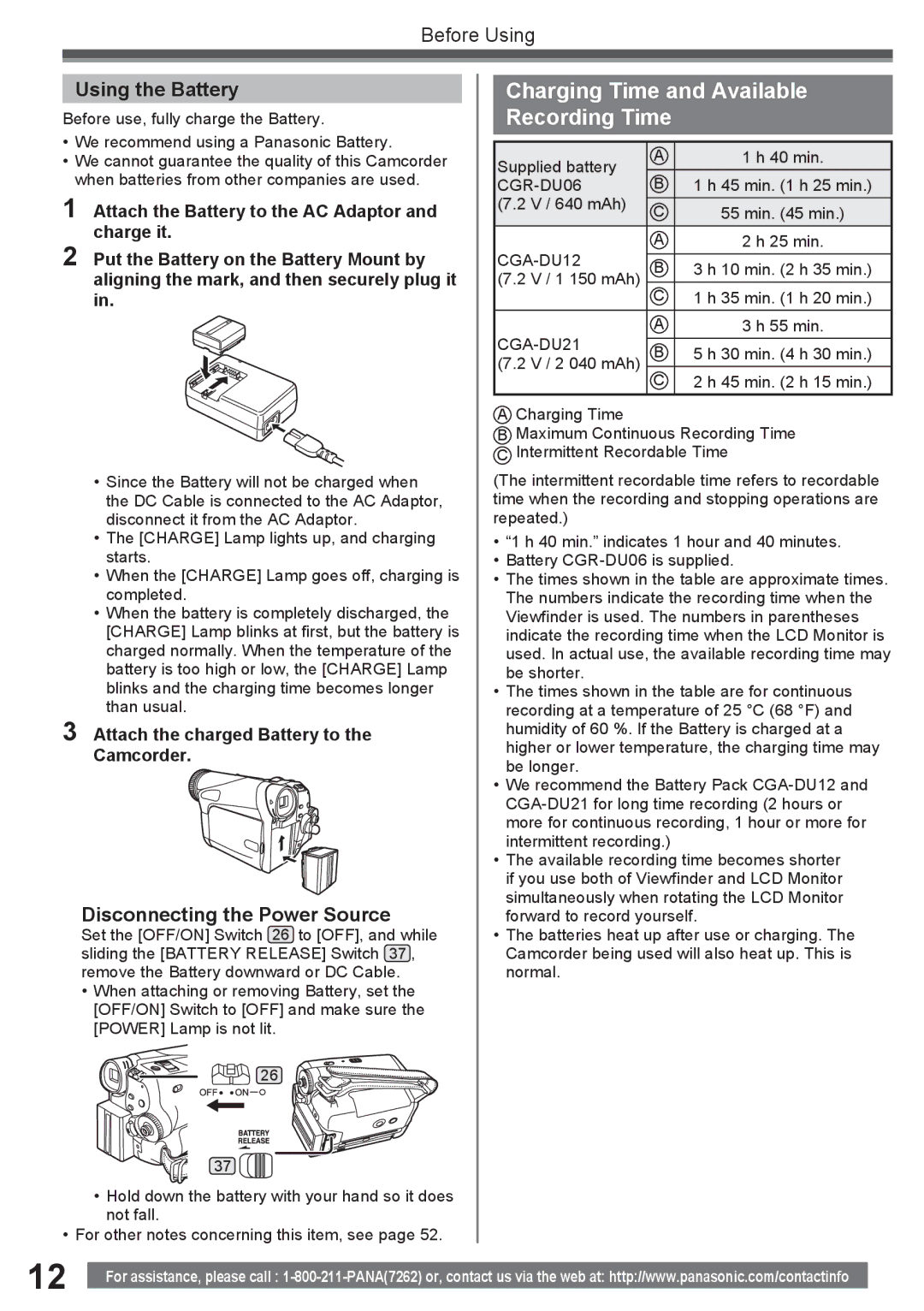 Panasonic PV-GS34PKG Charging Time and Available Recording Time, Using the Battery, „ Disconnecting the Power Source 