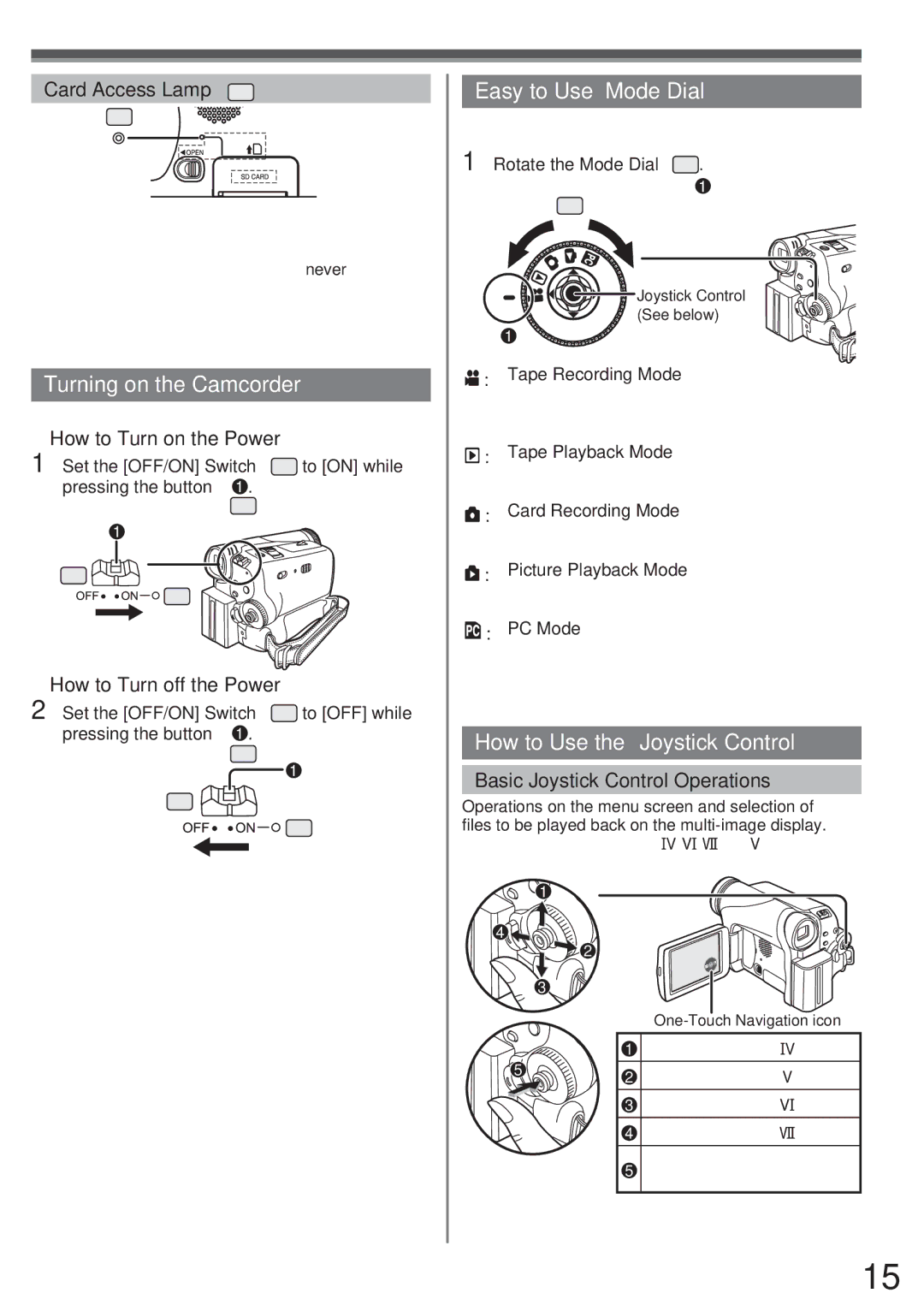 Panasonic PV-GS34PKG Turning on the Camcorder, Easy to Use Mode Dial, How to Use the Joystick Control 