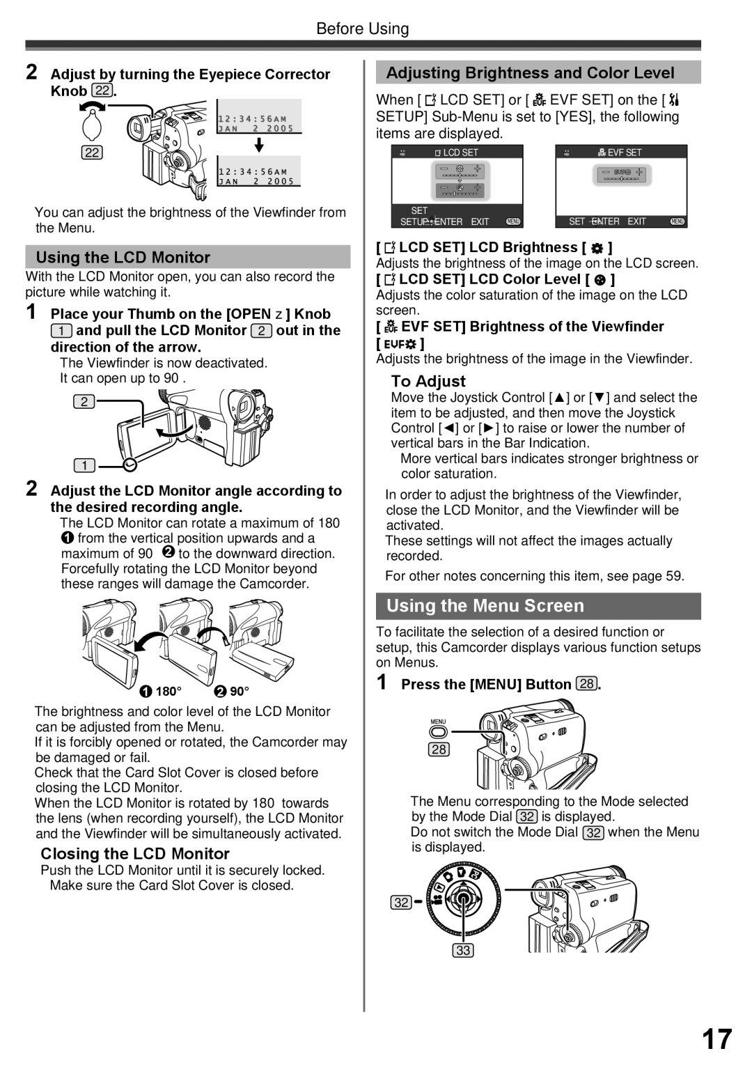 Panasonic PV-GS34PKG Using the Menu Screen, Adjusting Brightness and Color Level, Using the LCD Monitor, „ To Adjust 