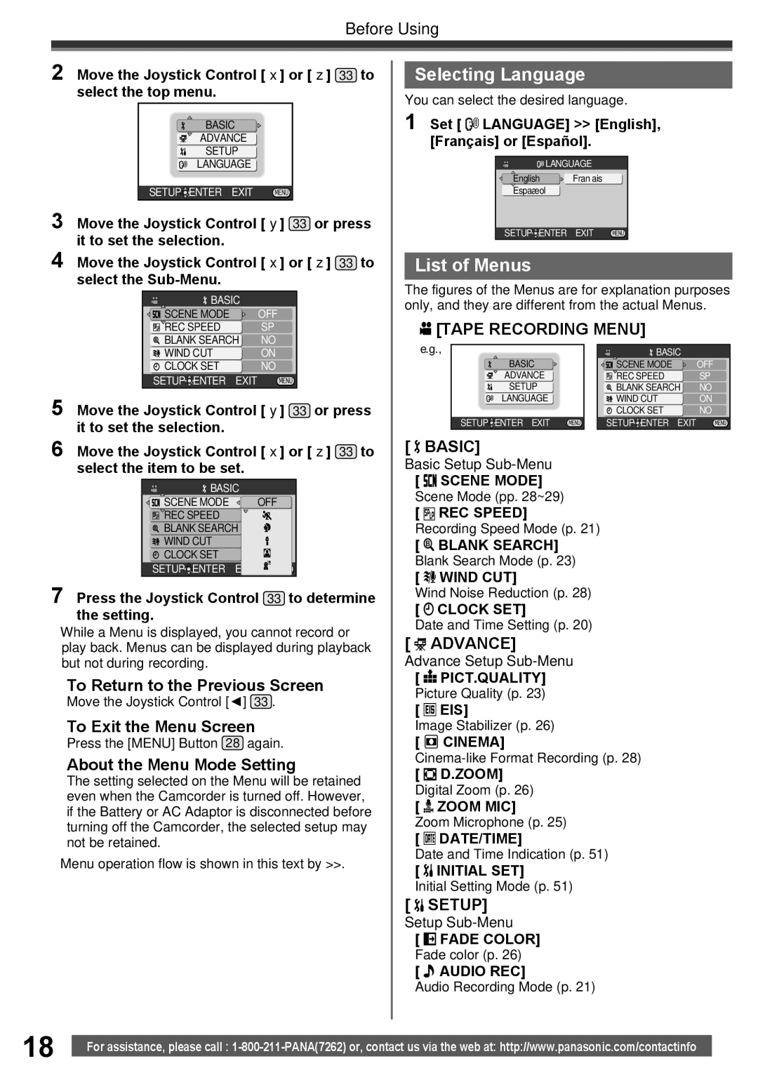 Panasonic PV-GS34PKG operating instructions Selecting Language, List of Menus 