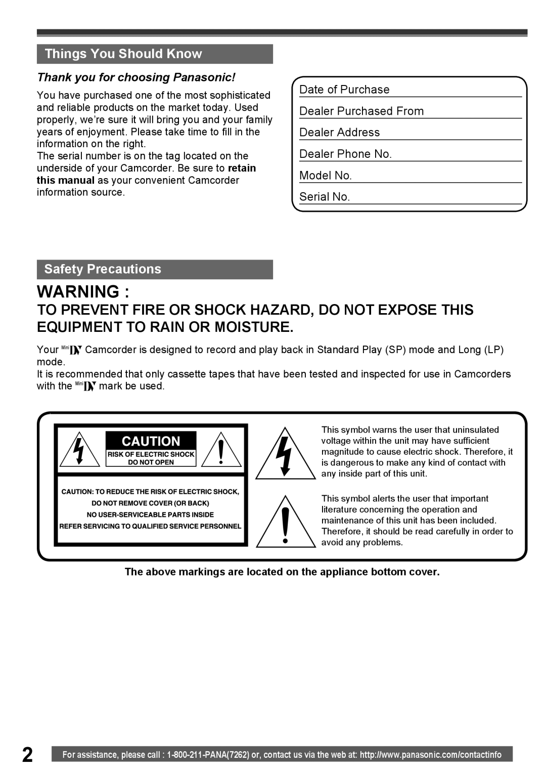 Panasonic PV-GS34PKG Things You Should Know, Safety Precautions, Above markings are located on the appliance bottom cover 