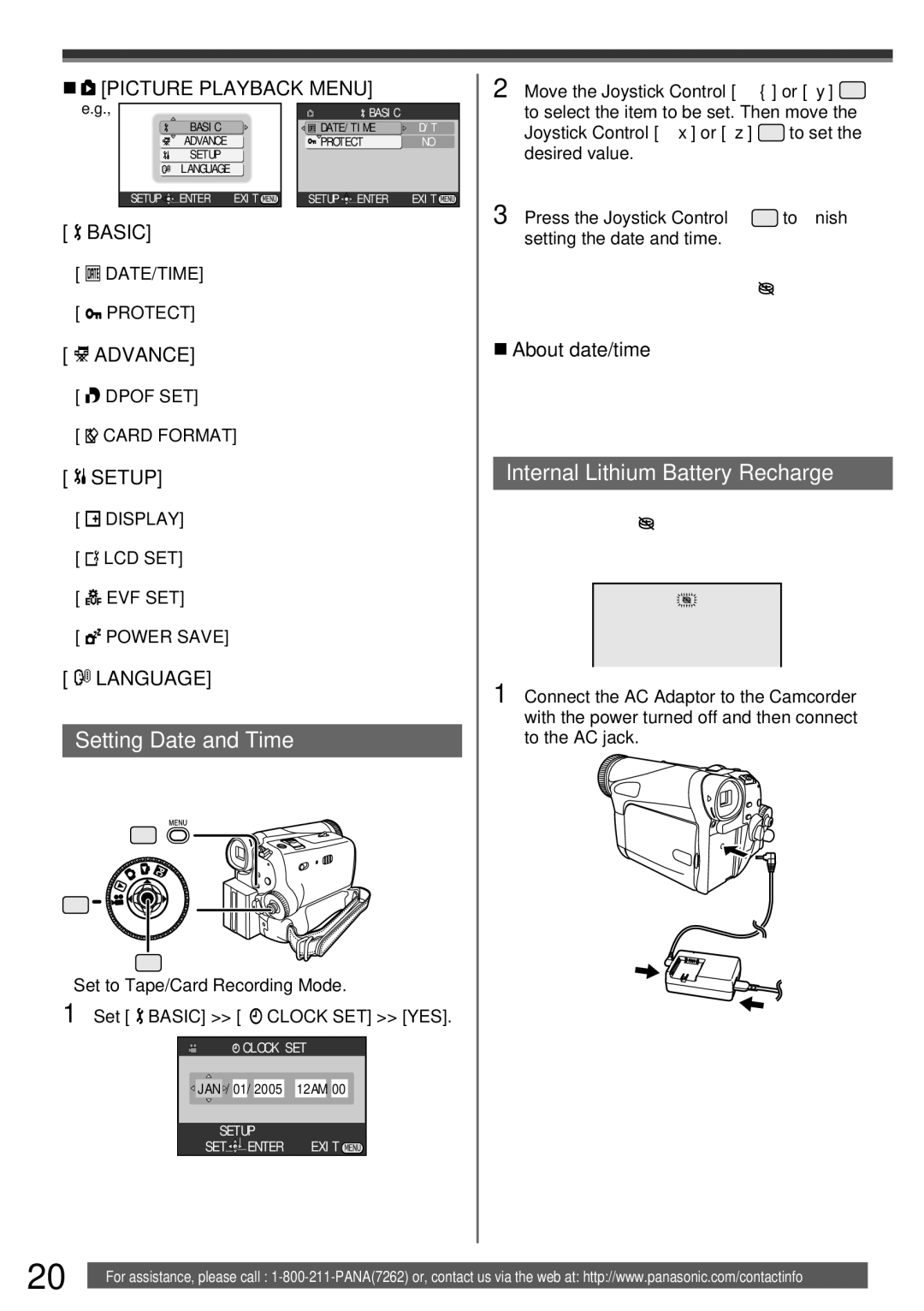 Panasonic PV-GS34PKG operating instructions Setting Date and Time, Internal Lithium Battery Recharge, „ About date/time 