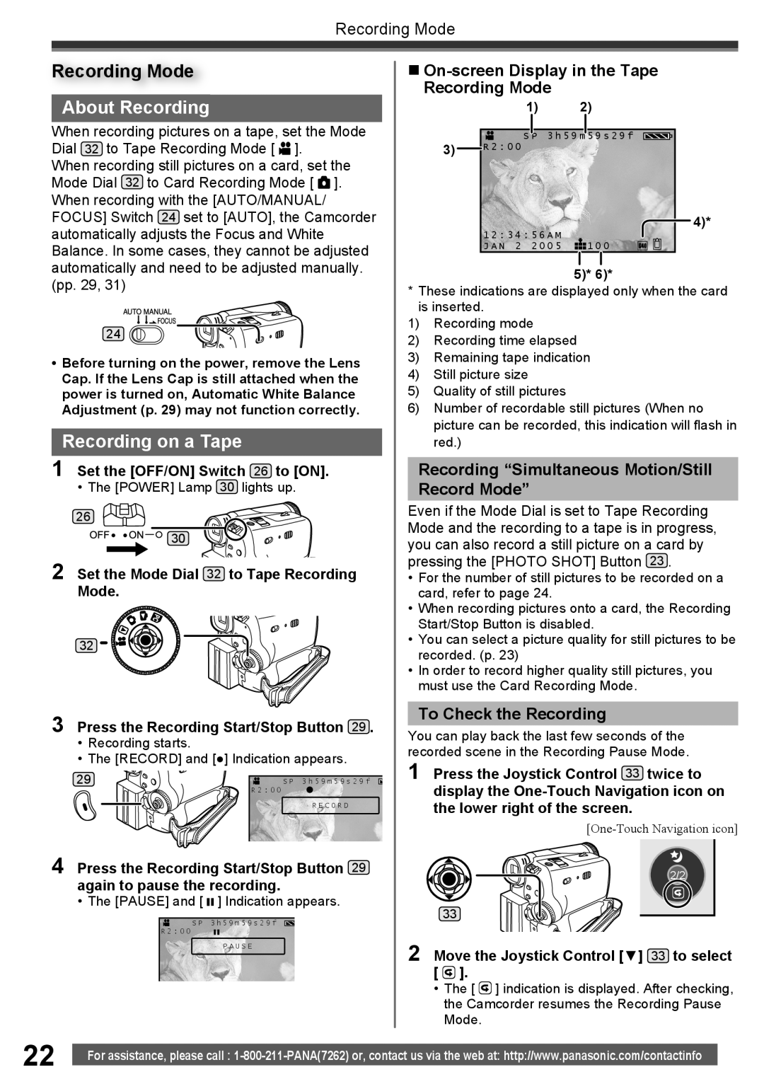 Panasonic PV-GS34PKG About Recording, Recording on a Tape, „ On-screen Display in the Tape Recording Mode 