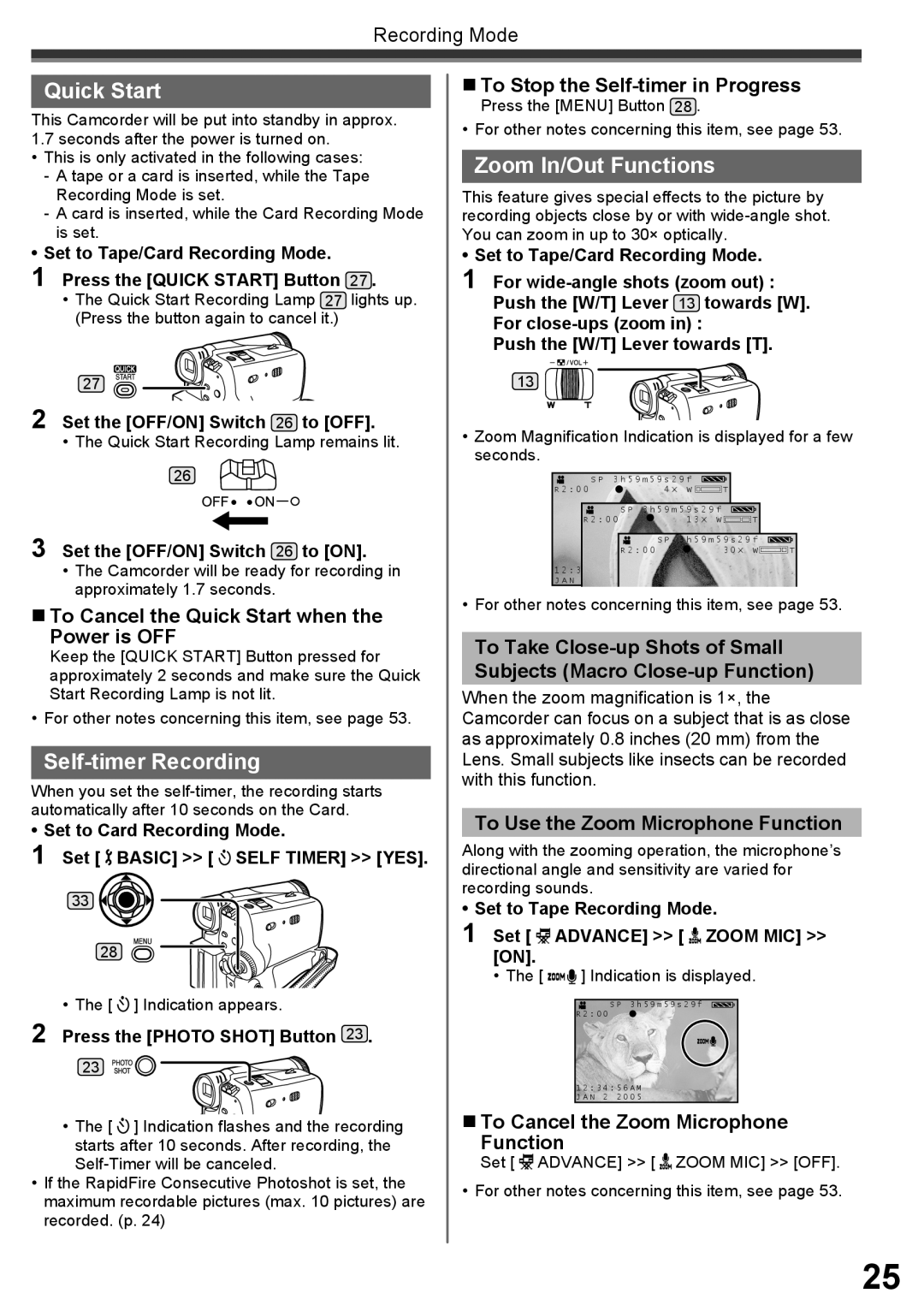 Panasonic PV-GS34PKG operating instructions Quick Start, Self-timer Recording, Zoom In/Out Functions 