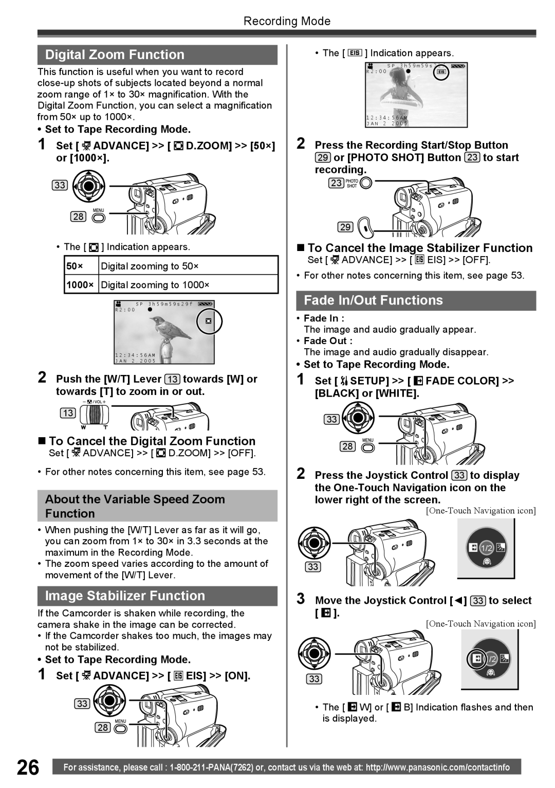 Panasonic PV-GS34PKG operating instructions Digital Zoom Function, Image Stabilizer Function, Fade In/Out Functions 