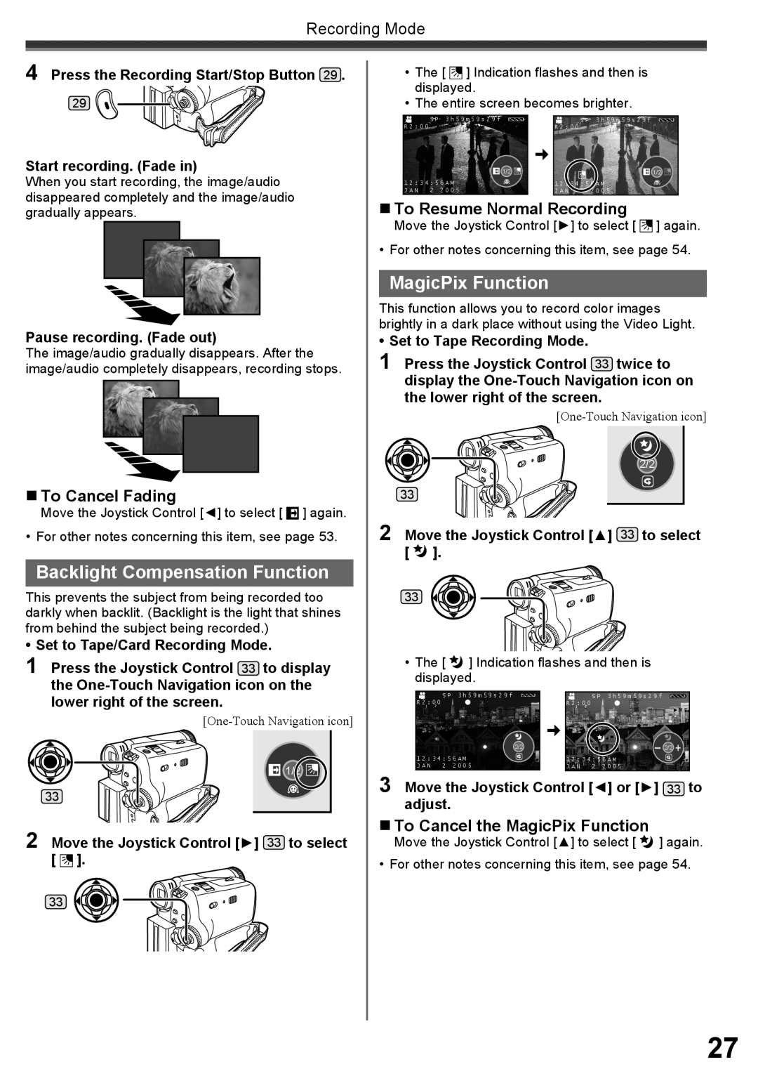 Panasonic PV-GS34PKG Backlight Compensation Function, MagicPix Function, „ To Cancel Fading, „ To Resume Normal Recording 