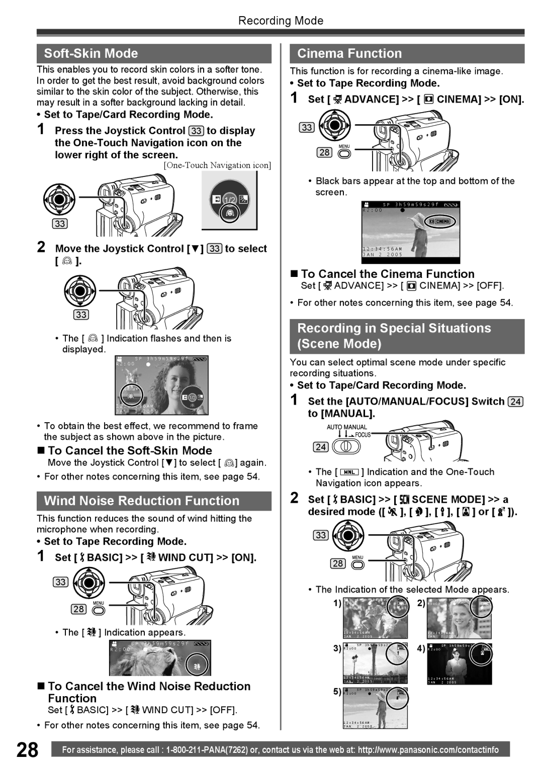 Panasonic PV-GS34PKG operating instructions Soft-Skin Mode, Wind Noise Reduction Function, Cinema Function 