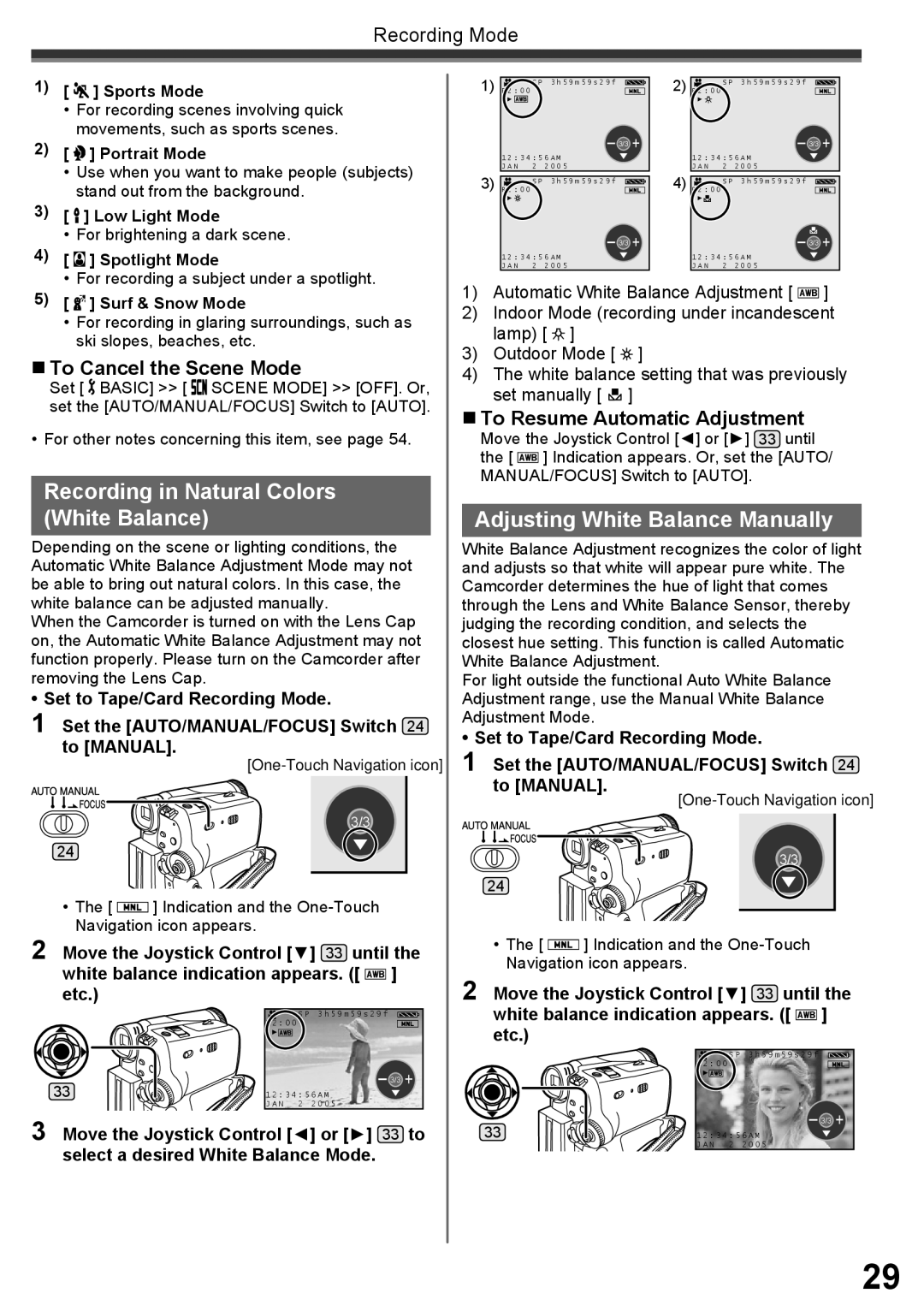 Panasonic PV-GS34PKG operating instructions Recording in Natural Colors White Balance, Adjusting White Balance Manually 