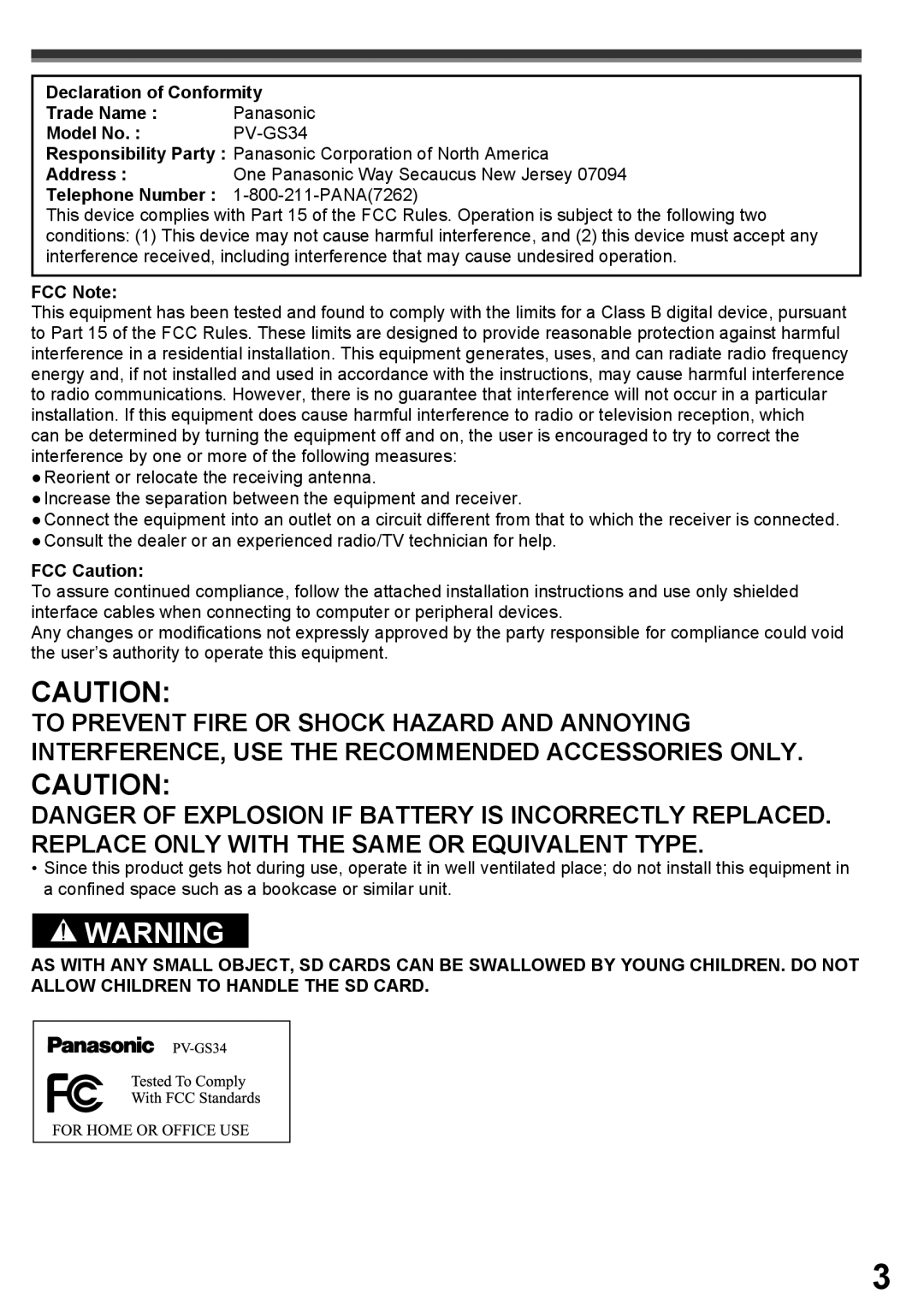 Panasonic PV-GS34PKG operating instructions Telephone Number PANA7262, FCC Note, FCC Caution 