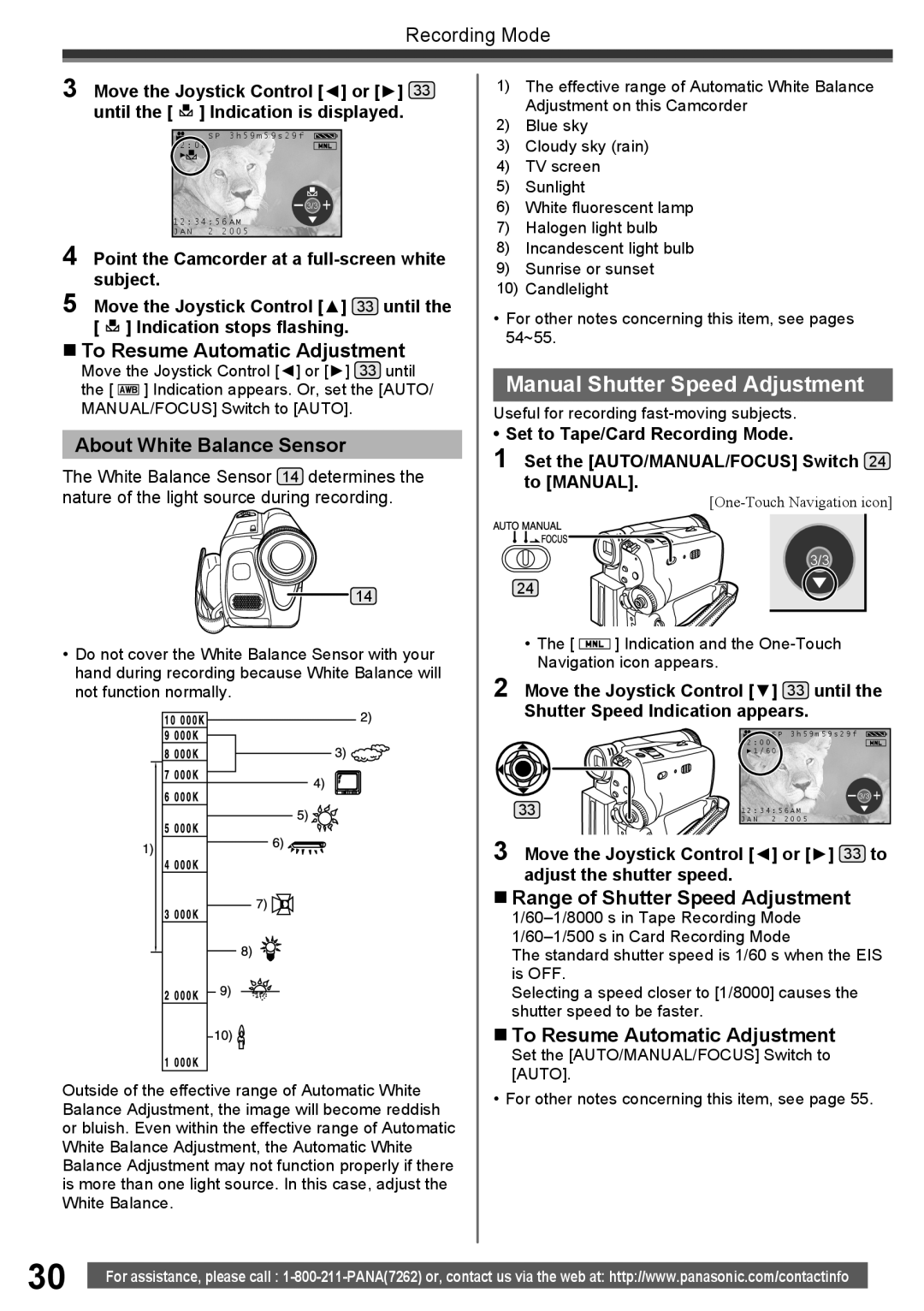 Panasonic PV-GS34PKG Manual Shutter Speed Adjustment, About White Balance Sensor, „ Range of Shutter Speed Adjustment 