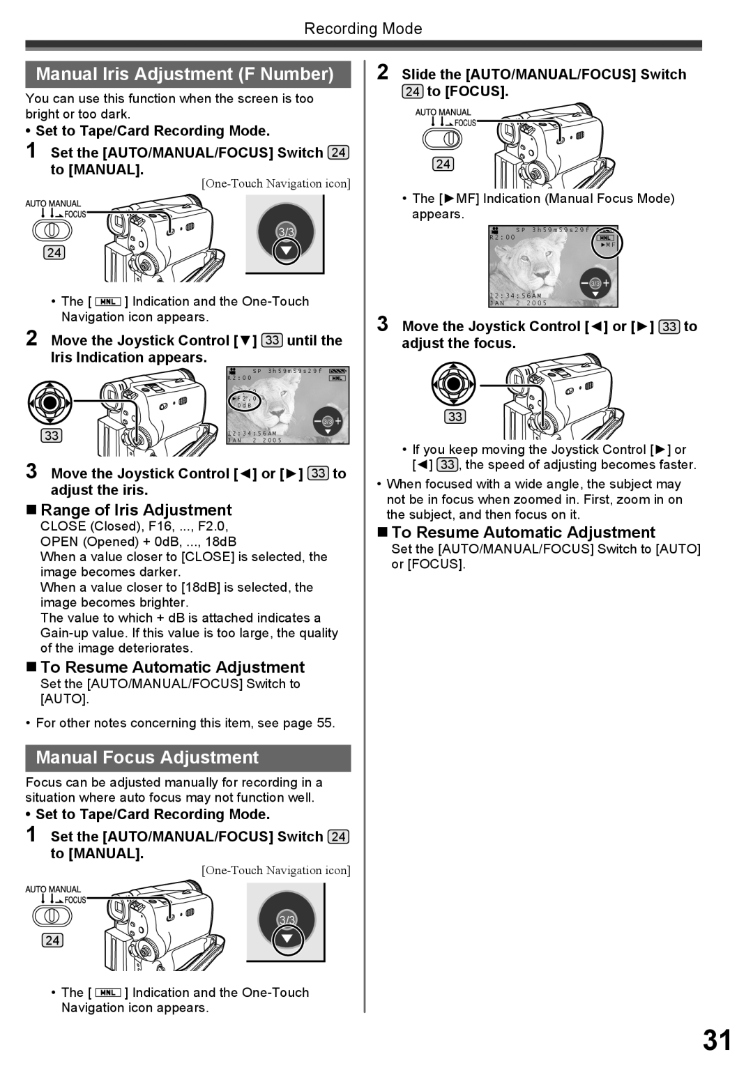 Panasonic PV-GS34PKG Manual Iris Adjustment F Number, Manual Focus Adjustment, „ Range of Iris Adjustment 