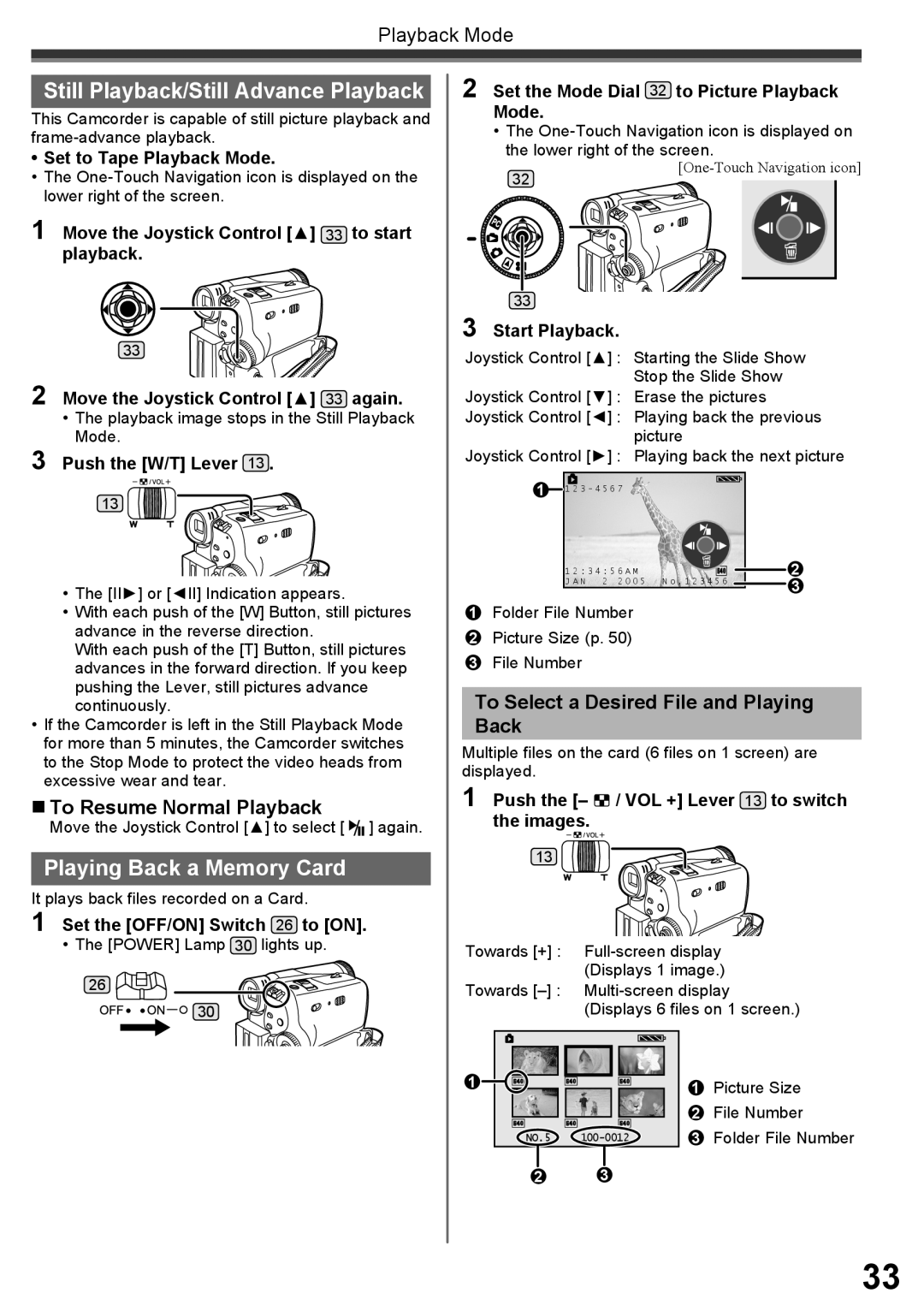 Panasonic PV-GS34PKG Still Playback/Still Advance Playback, Playing Back a Memory Card, „ To Resume Normal Playback 