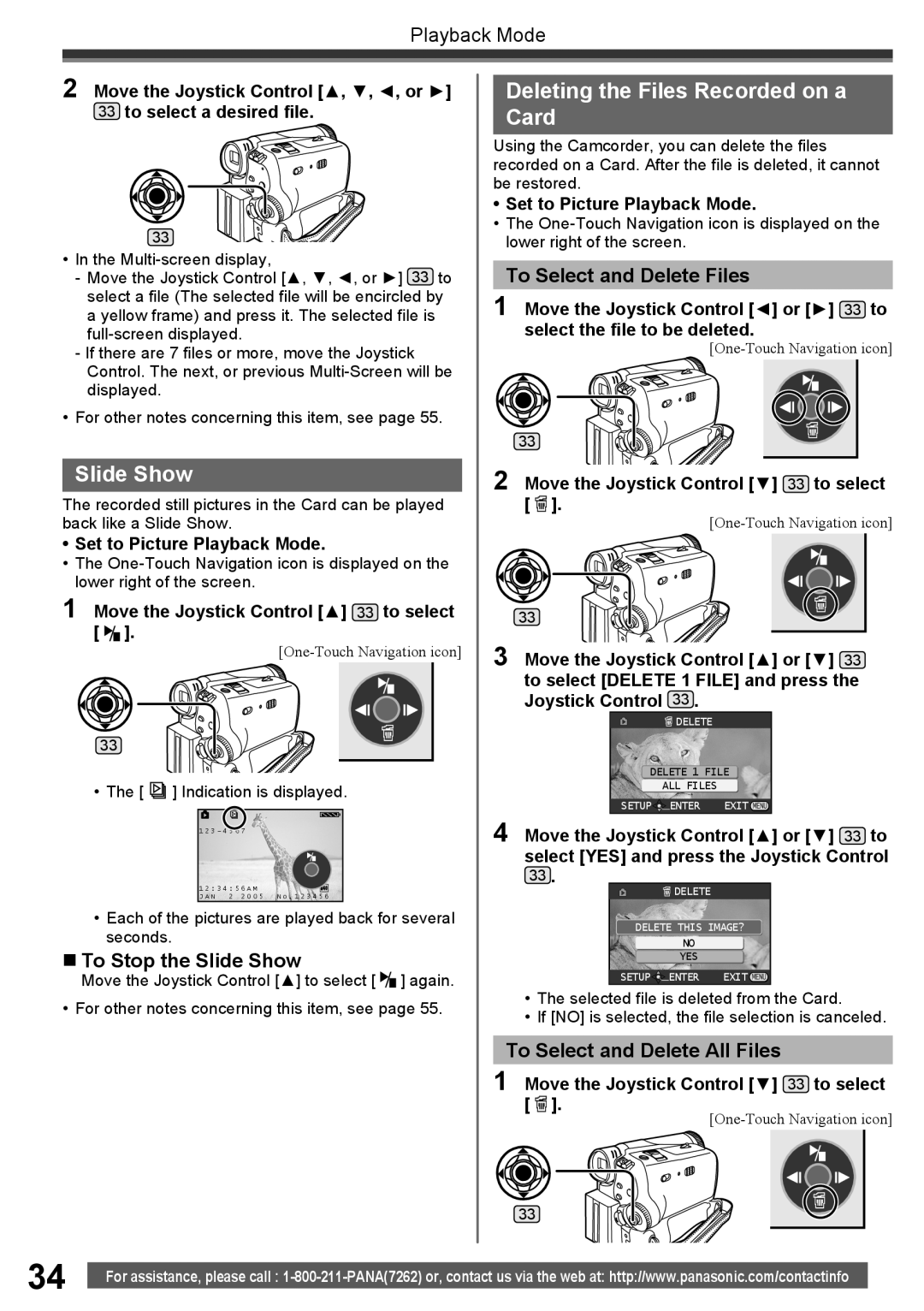 Panasonic PV-GS34PKG Deleting the Files Recorded on a Card, „ To Stop the Slide Show, To Select and Delete Files 