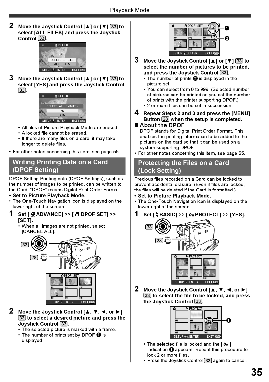 Panasonic PV-GS34PKG Writing Printing Data on a Card Dpof Setting, Protecting the Files on a Card Lock Setting 