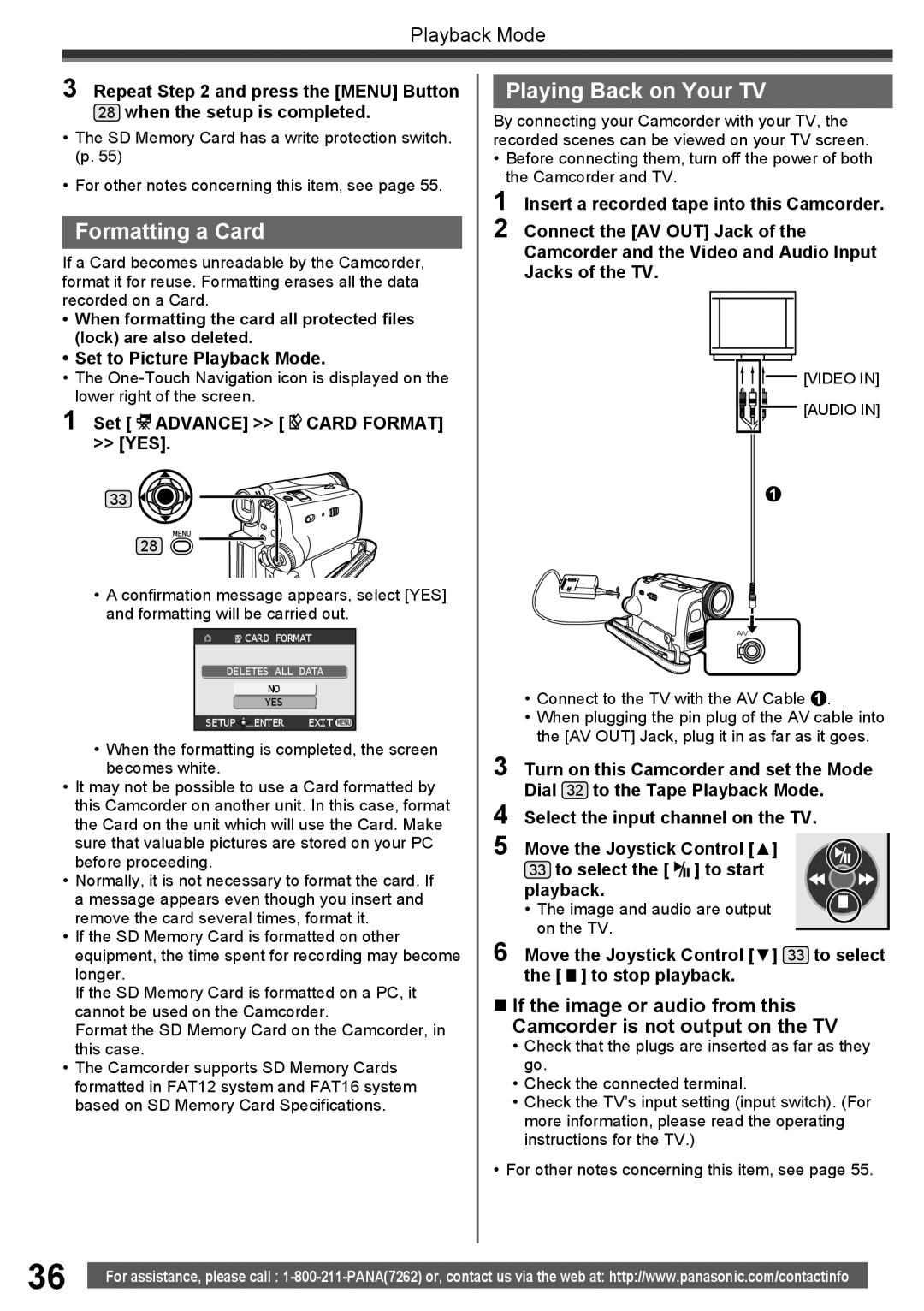 Panasonic PV-GS34PKG operating instructions Formatting a Card, Playing Back on Your TV, Set Advance Card Format YES 