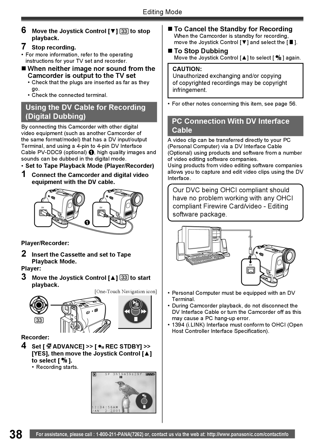 Panasonic PV-GS34PKG Using the DV Cable for Recording Digital Dubbing, PC Connection With DV Interface Cable 