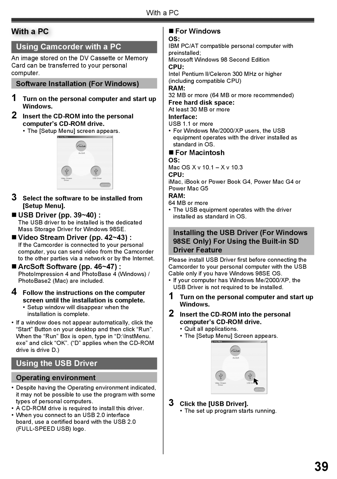 Panasonic PV-GS34PKG operating instructions Using Camcorder with a PC, Using the USB Driver 