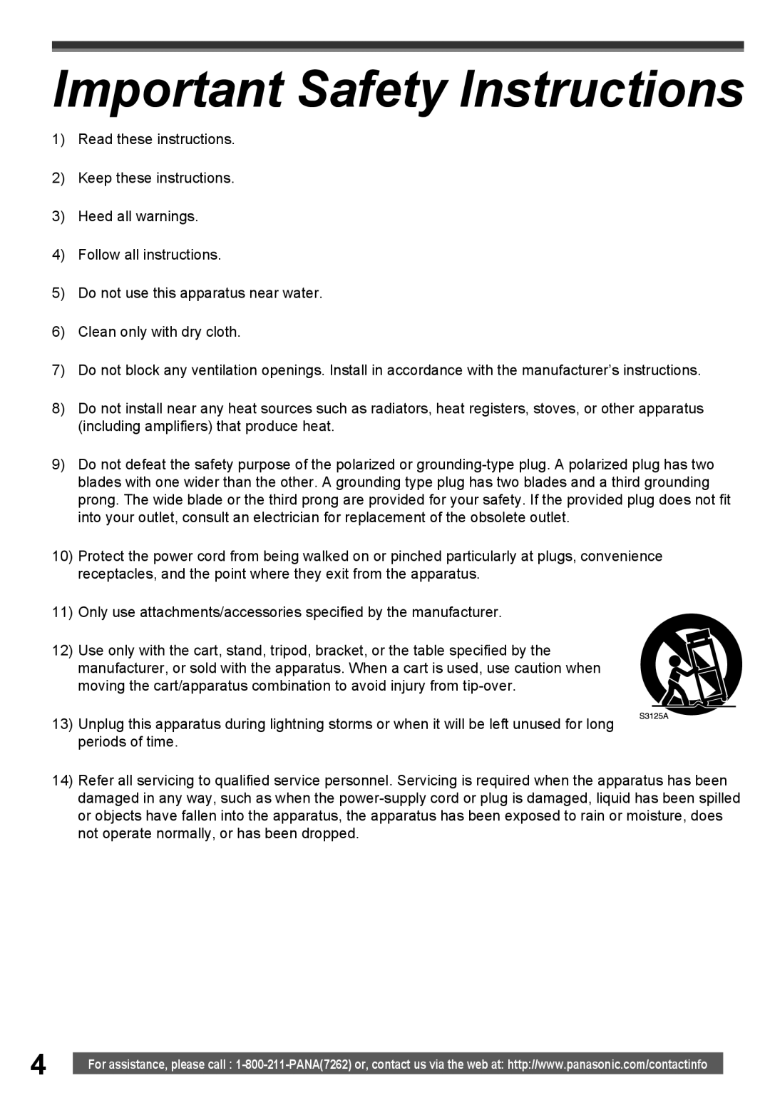 Panasonic PV-GS34PKG operating instructions Important Safety Instructions 