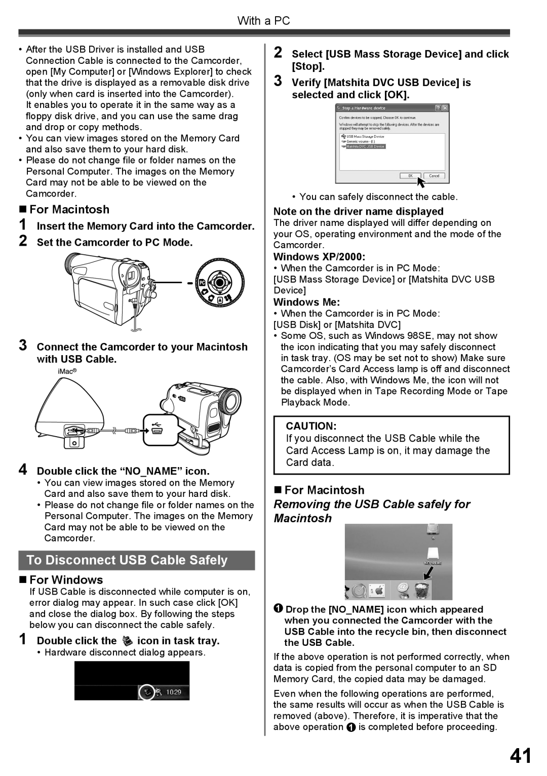 Panasonic PV-GS34PKG operating instructions To Disconnect USB Cable Safely, Double click, Windows XP/2000, Windows Me 