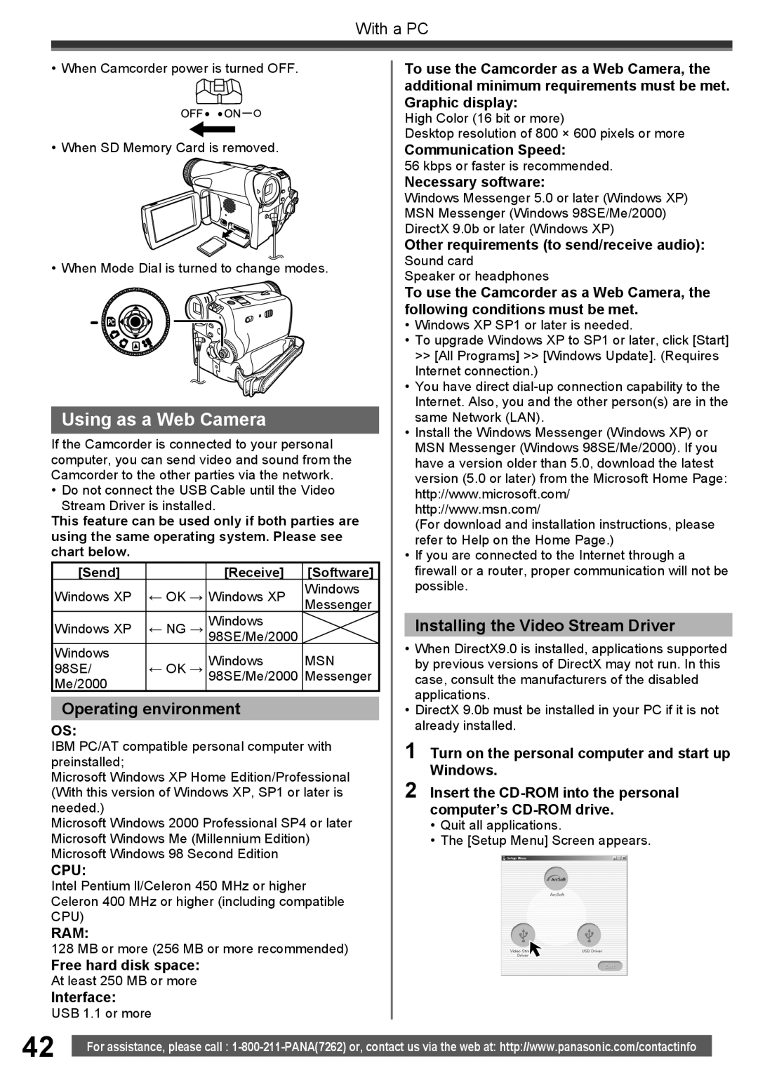 Panasonic PV-GS34PKG Using as a Web Camera, Installing the Video Stream Driver, Communication Speed, Necessary software 