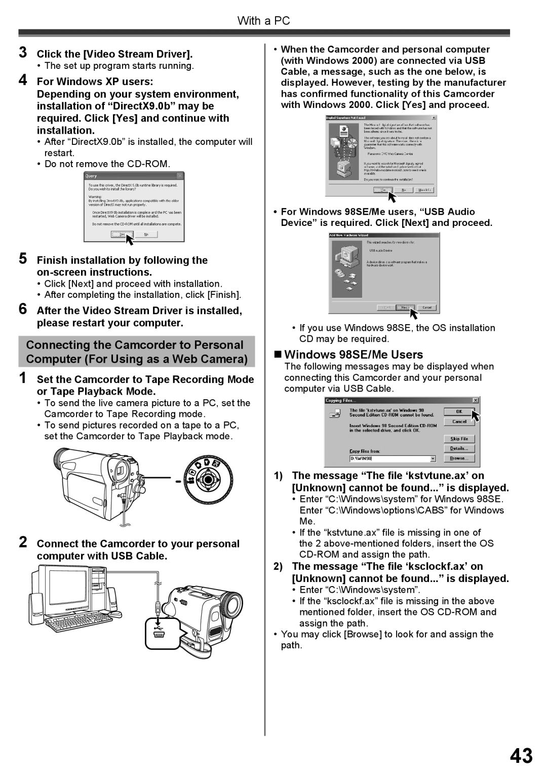 Panasonic PV-GS34PKG operating instructions „ Windows 98SE/Me Users, Click the Video Stream Driver 