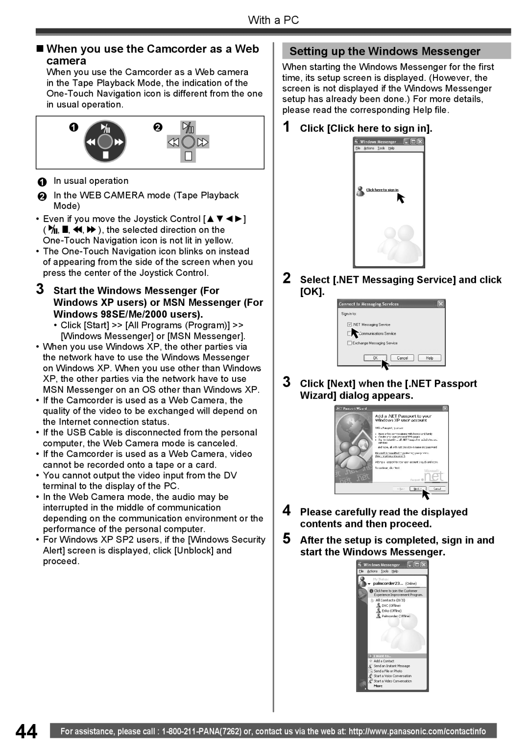 Panasonic PV-GS34PKG operating instructions „ When you use the Camcorder as a Web Camera, Setting up the Windows Messenger 