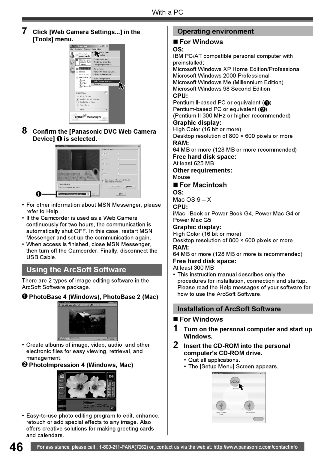 Panasonic PV-GS34PKG operating instructions Using the ArcSoft Software, Operating environment „ For Windows 