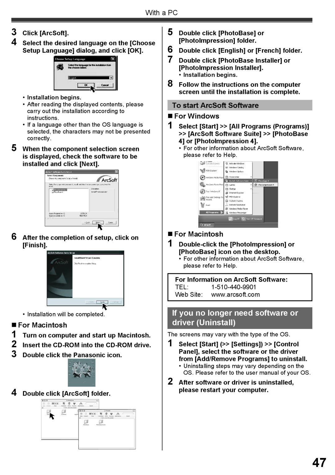 Panasonic PV-GS34PKG If you no longer need software or driver Uninstall, To start ArcSoft Software „ For Windows 