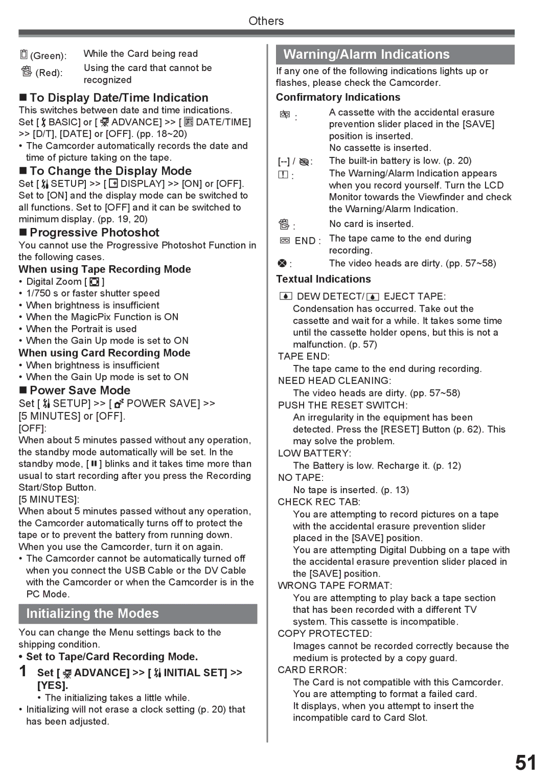 Panasonic PV-GS34PKG Initializing the Modes, „ To Display Date/Time Indication, „ To Change the Display Mode 