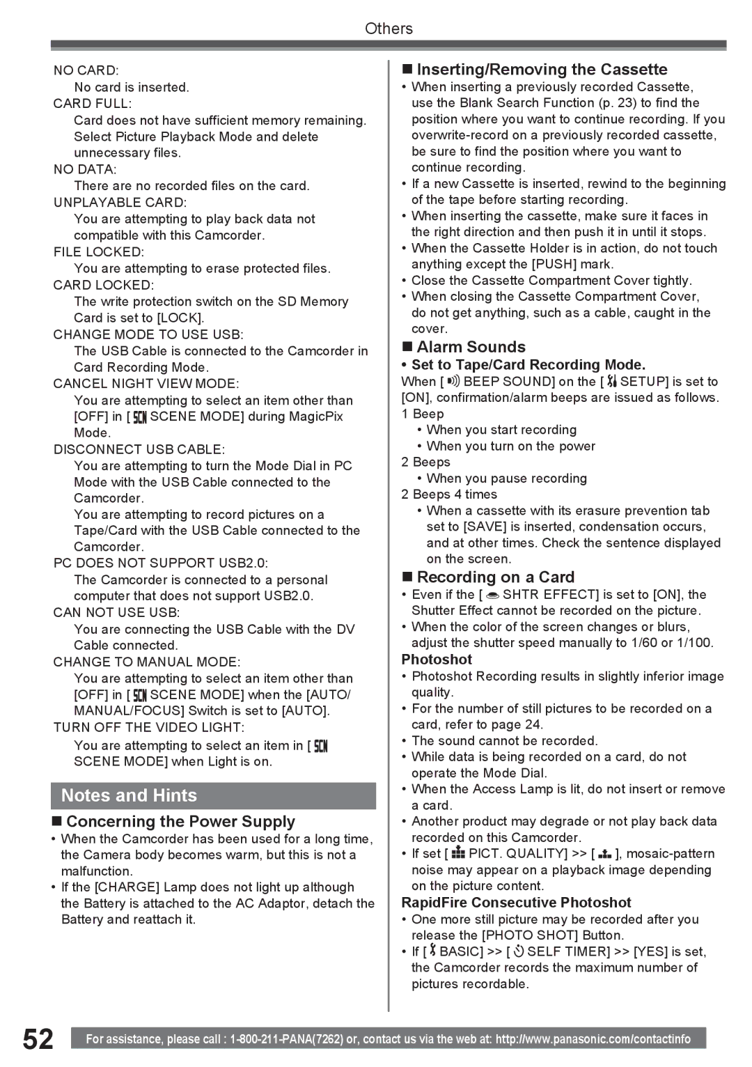 Panasonic PV-GS34PKG „ Concerning the Power Supply, „ Inserting/Removing the Cassette, „ Alarm Sounds 