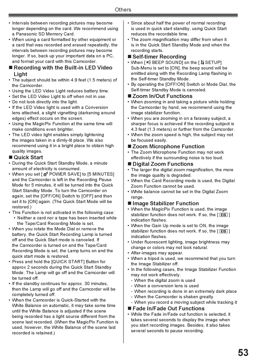 Panasonic PV-GS34PKG „ Recording with the Built-in LED Video Light, „ Quick Start, „ Self-timer Recording 