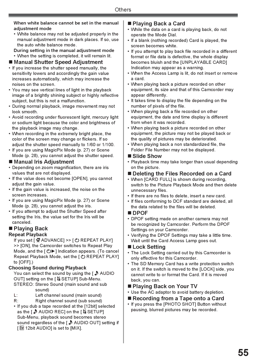 Panasonic PV-GS34PKG „ Manual Shutter Speed Adjustment, „ Manual Iris Adjustment, „ Playing Back a Card, „ Slide Show 