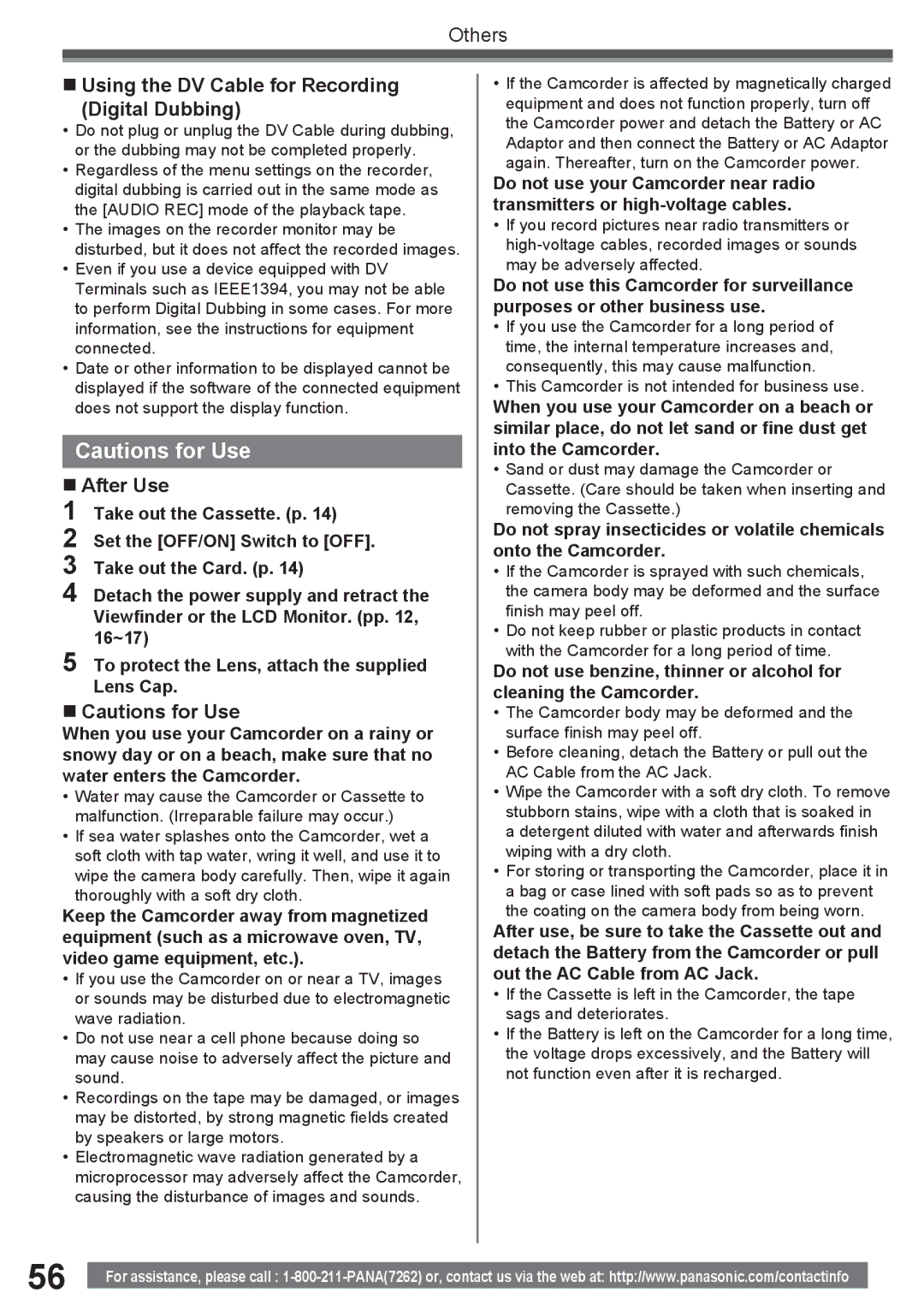 Panasonic PV-GS34PKG „ Using the DV Cable for Recording Digital Dubbing, „ After Use, „ Cautions for Use 