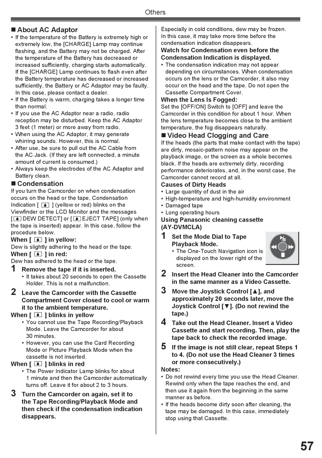 Panasonic PV-GS34PKG operating instructions „ About AC Adaptor, „ Condensation, „ Video Head Clogging and Care 