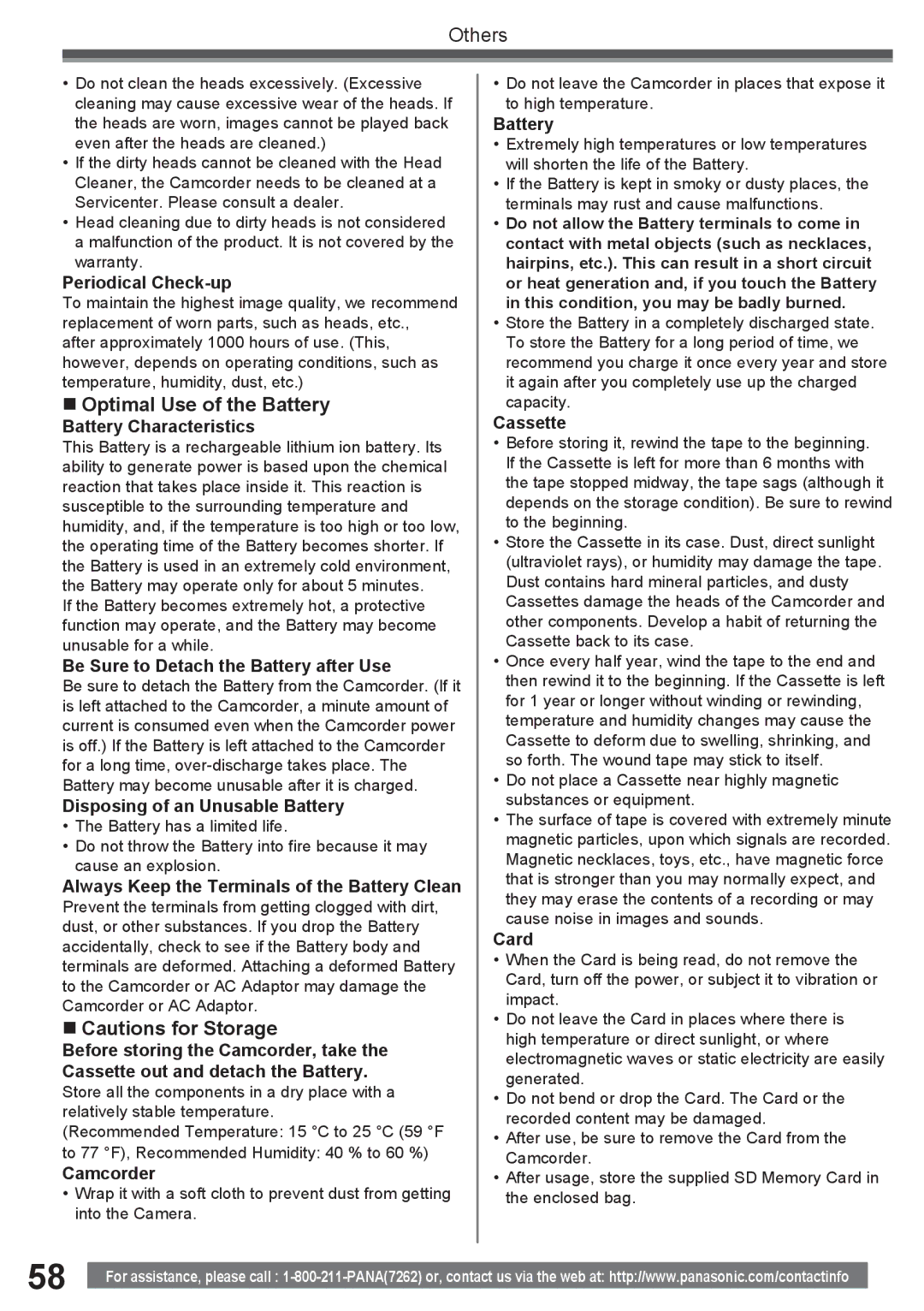 Panasonic PV-GS34PKG operating instructions „ Optimal Use of the Battery, „ Cautions for Storage 