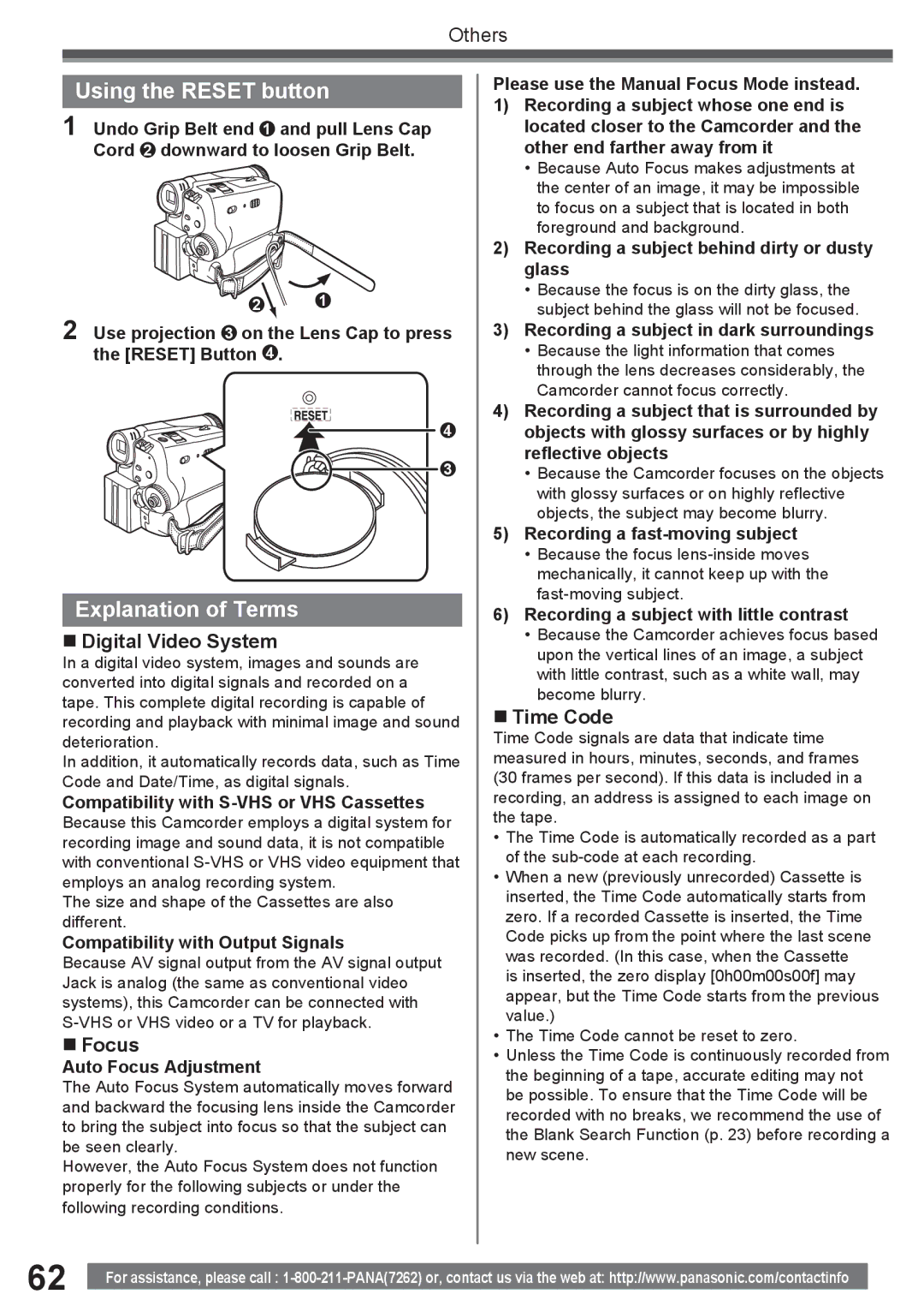 Panasonic PV-GS34PKG Using the Reset button, Explanation of Terms, „ Digital Video System, „ Focus, „ Time Code 