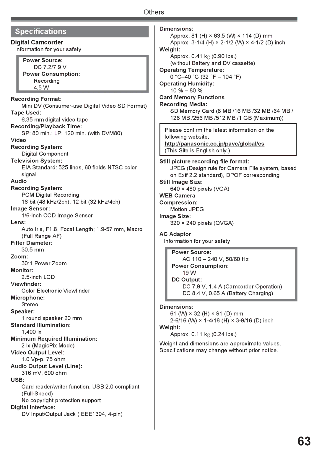 Panasonic PV-GS34PKG operating instructions Specifications, Digital Camcorder 