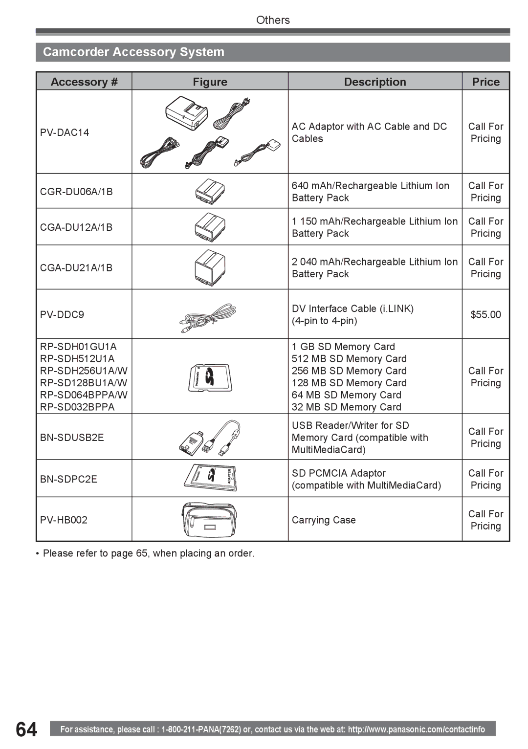 Panasonic PV-GS34PKG operating instructions Camcorder Accessory System, Accessory # Description, Price 