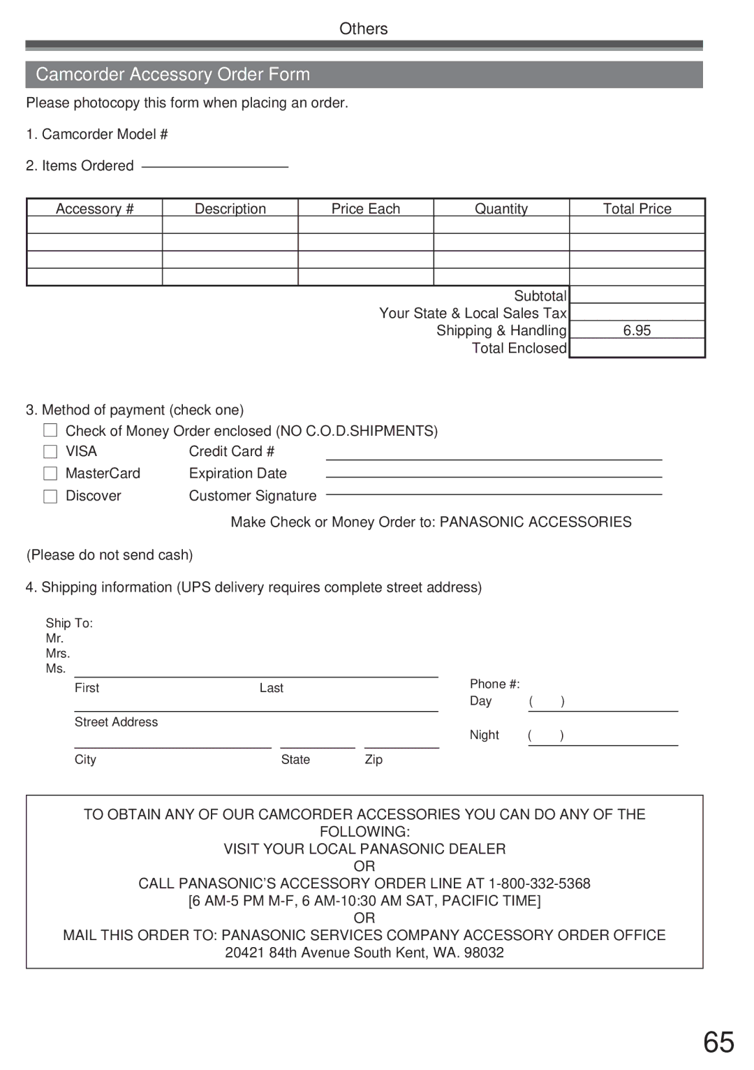 Panasonic PV-GS34PKG operating instructions Camcorder Accessory Order Form, Visa 