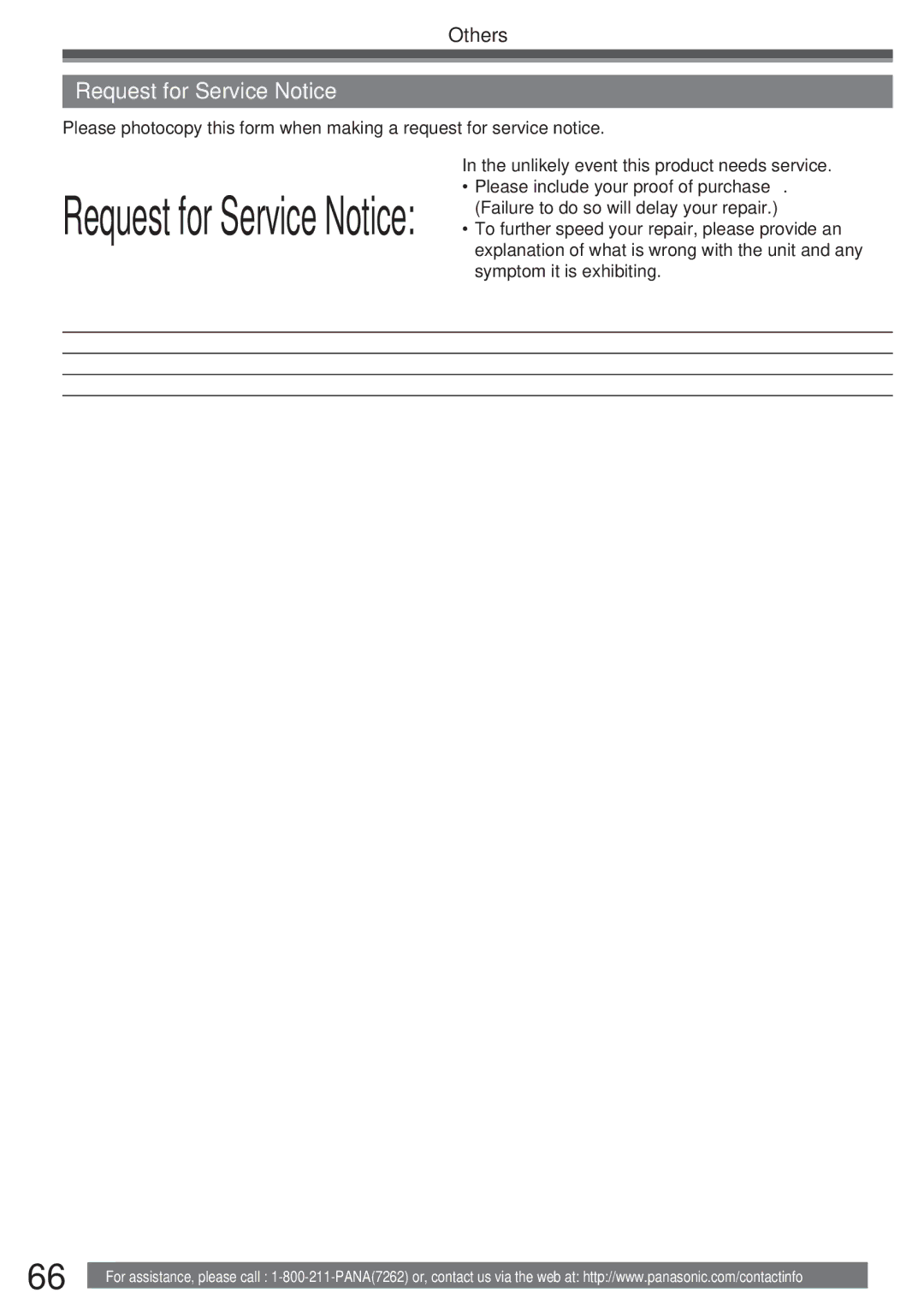 Panasonic PV-GS34PKG operating instructions Request for Service Notice 