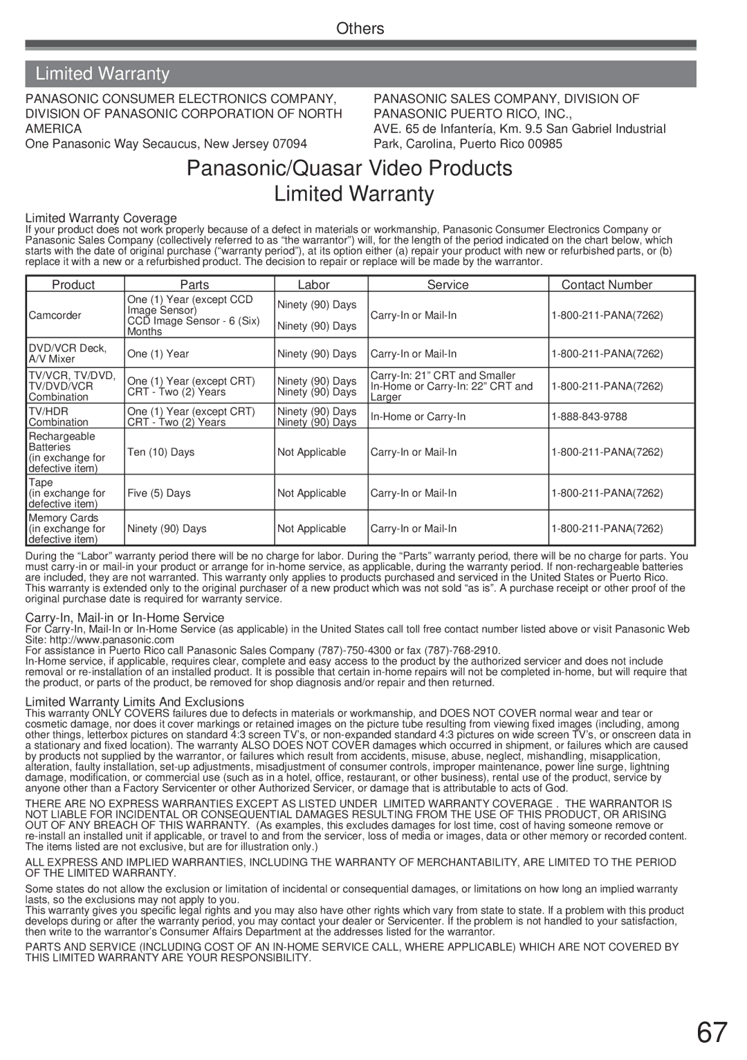 Panasonic PV-GS34PKG operating instructions Panasonic/Quasar Video Products Limited Warranty 