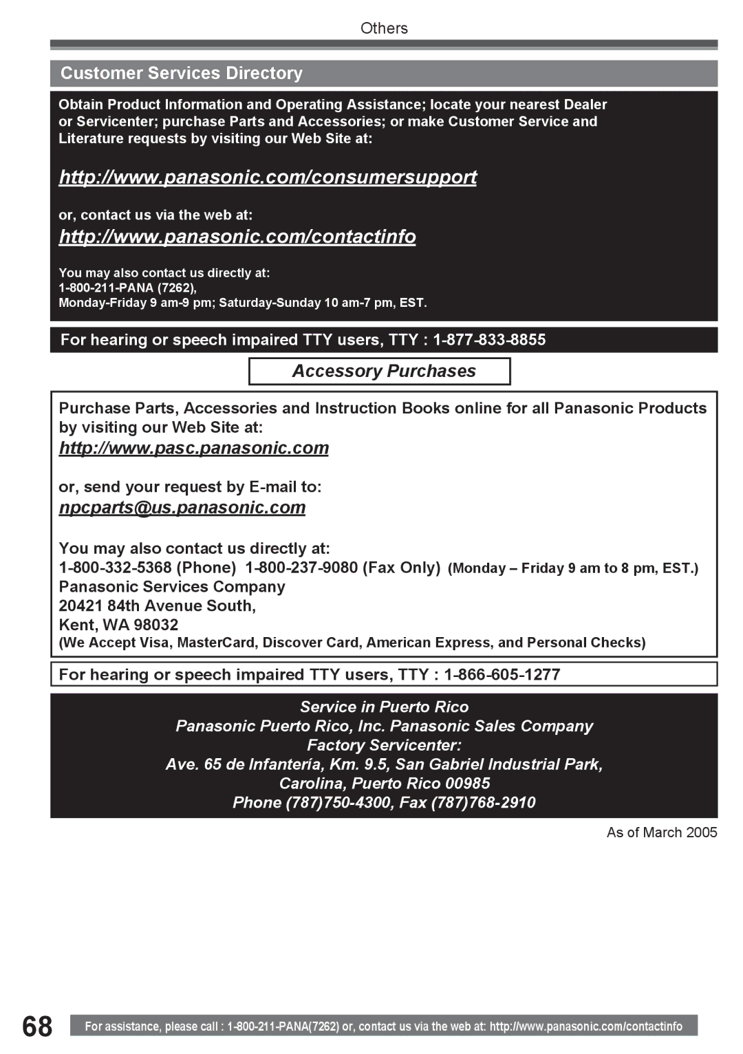 Panasonic PV-GS34PKG operating instructions Customer Services Directory, For hearing or speech impaired TTY users, TTY 