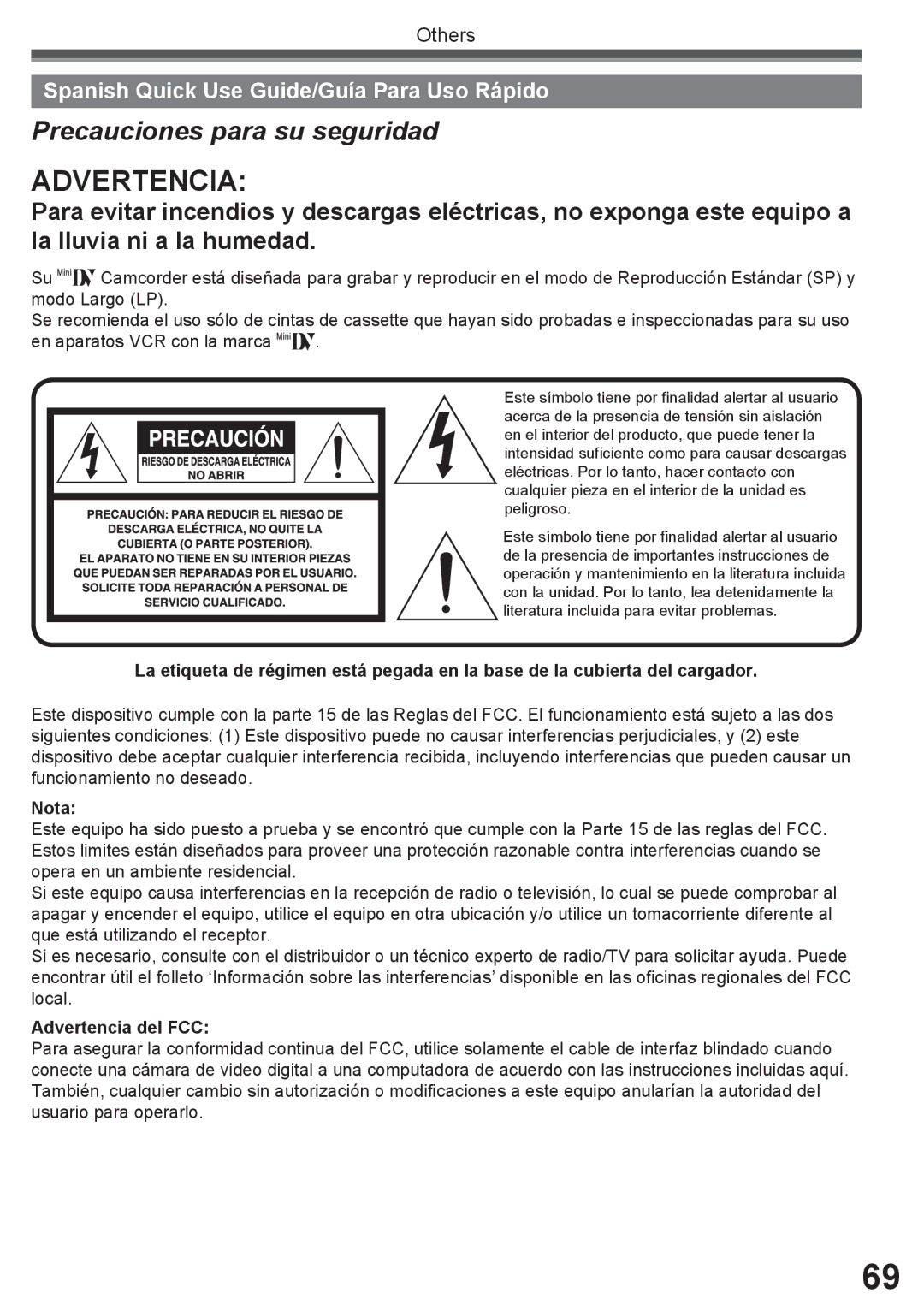 Panasonic PV-GS34PKG operating instructions Spanish Quick Use Guide/Guía Para Uso Rápido, Nota, Advertencia del FCC 