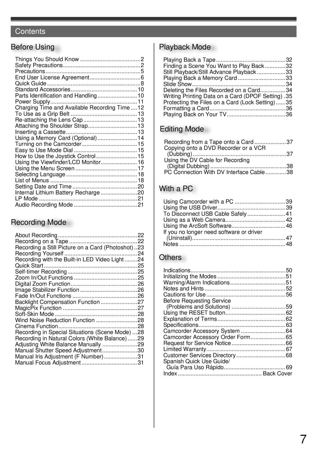 Panasonic PV-GS34PKG operating instructions Contents 