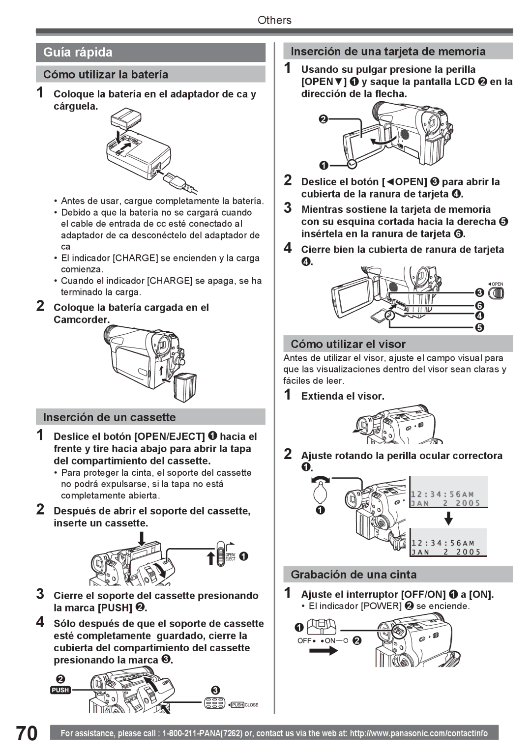 Panasonic PV-GS34PKG Guía rápida, Cómo utilizar la batería, Inserción de una tarjeta de memoria, Cómo utilizar el visor 