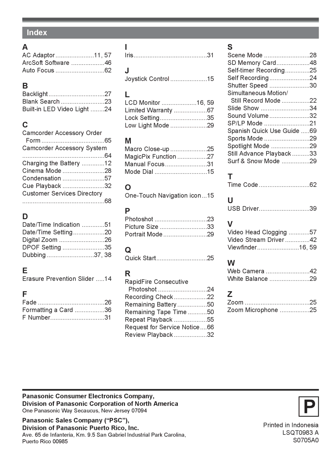 Panasonic PV-GS34PKG operating instructions Index 