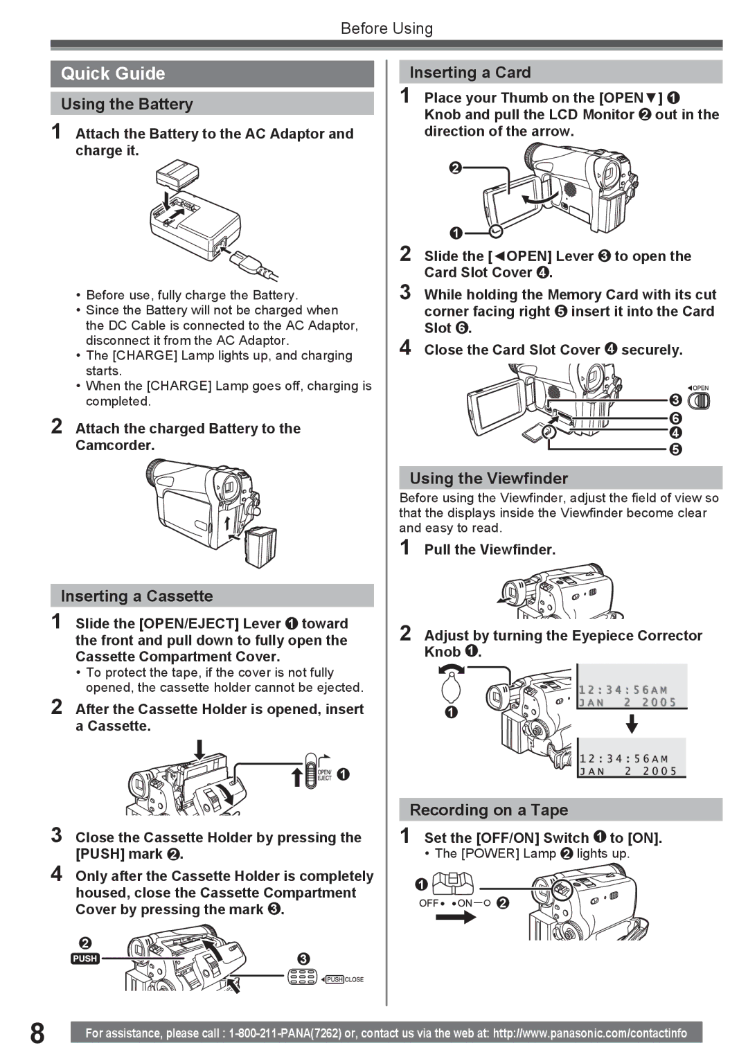 Panasonic PV-GS34PKG Inserting a Card, Using the Viewfinder, Recording on a Tape, Set the OFF/ON Switch 1 to on 