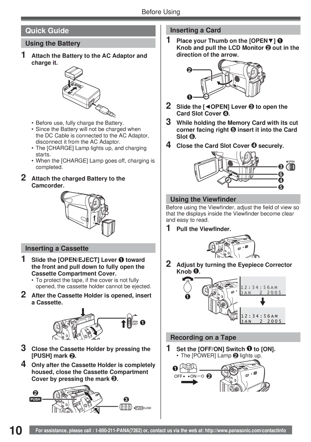 Panasonic PV-GS19, PV-GS35 Inserting a Card, Using the Viewfinder, Recording on a Tape, Set the OFF/ON Switch 1 to on 