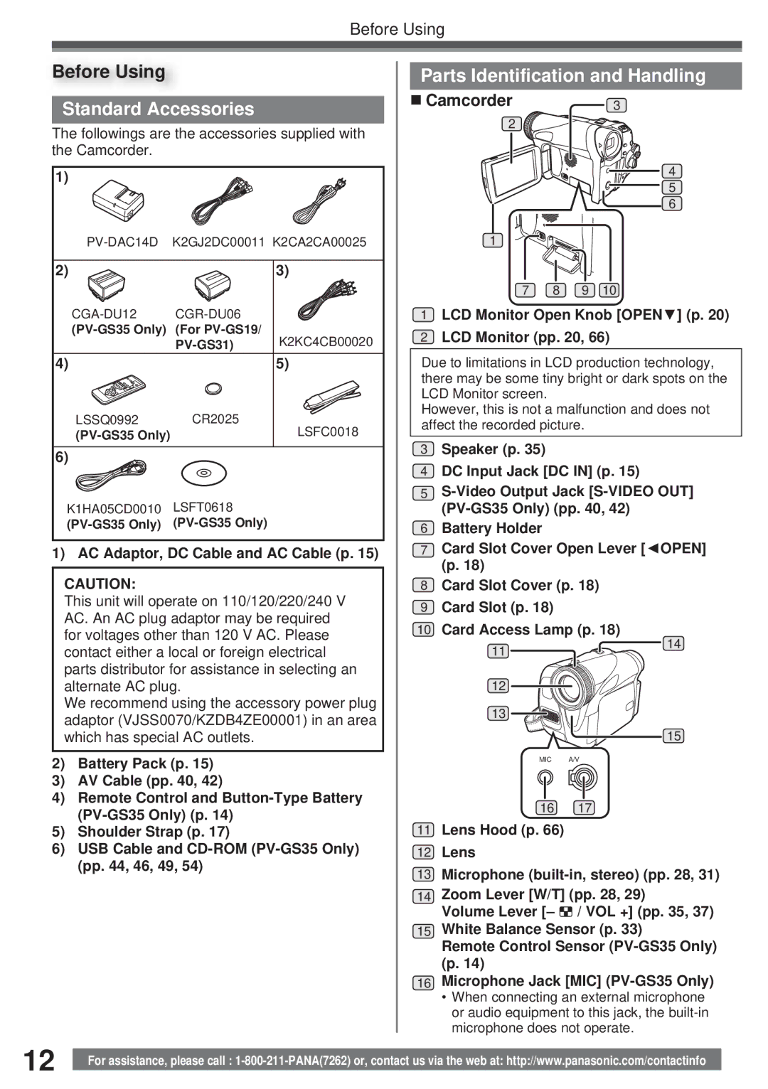 Panasonic PV-GS35, PV-GS19 Standard Accessories, Parts Identification and Handling, AC Adaptor, DC Cable and AC Cable p 